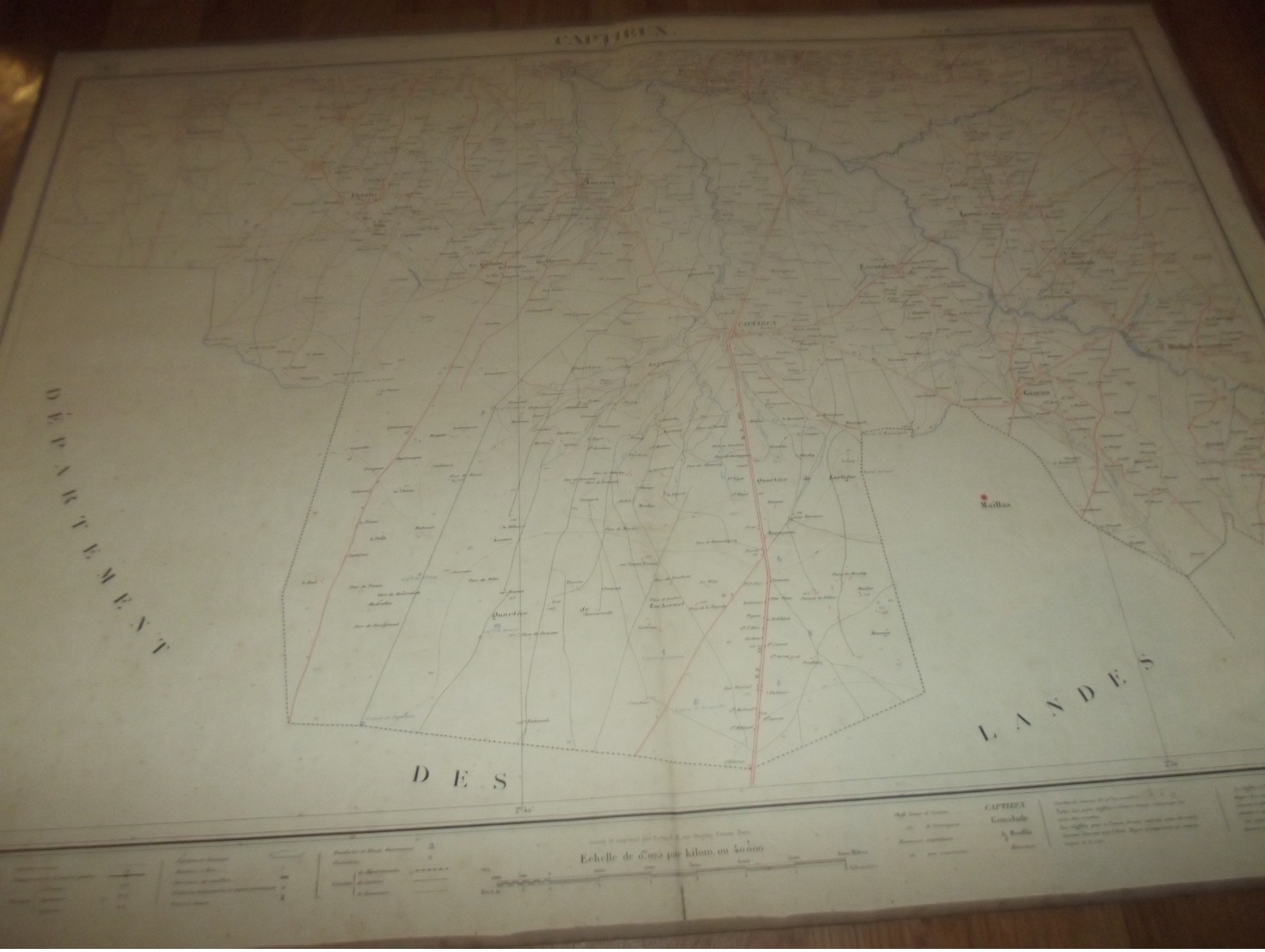 CARTE GEOGRAPHIQUE ENTOILE 1875 / CAPTIEUX  BAZAS  DIM 66.5 CM X 88 CM - Mapas Geográficas