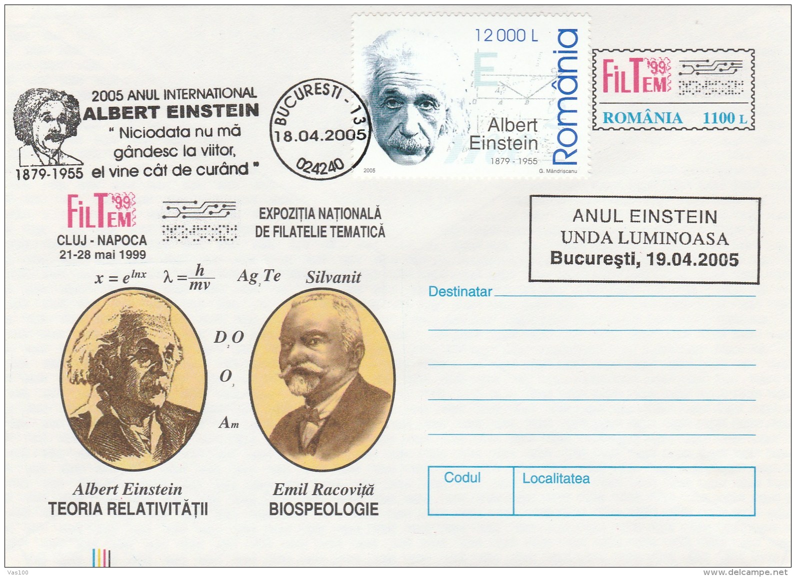 #BV6563 ALBERT EINSTEIN,SCIENTIST,EMIL RACOVITA,FILTEM,COVER STATIONERY WITH STAMP,OBLITERATION CONCORDANTE,2005,ROMANIA - Albert Einstein