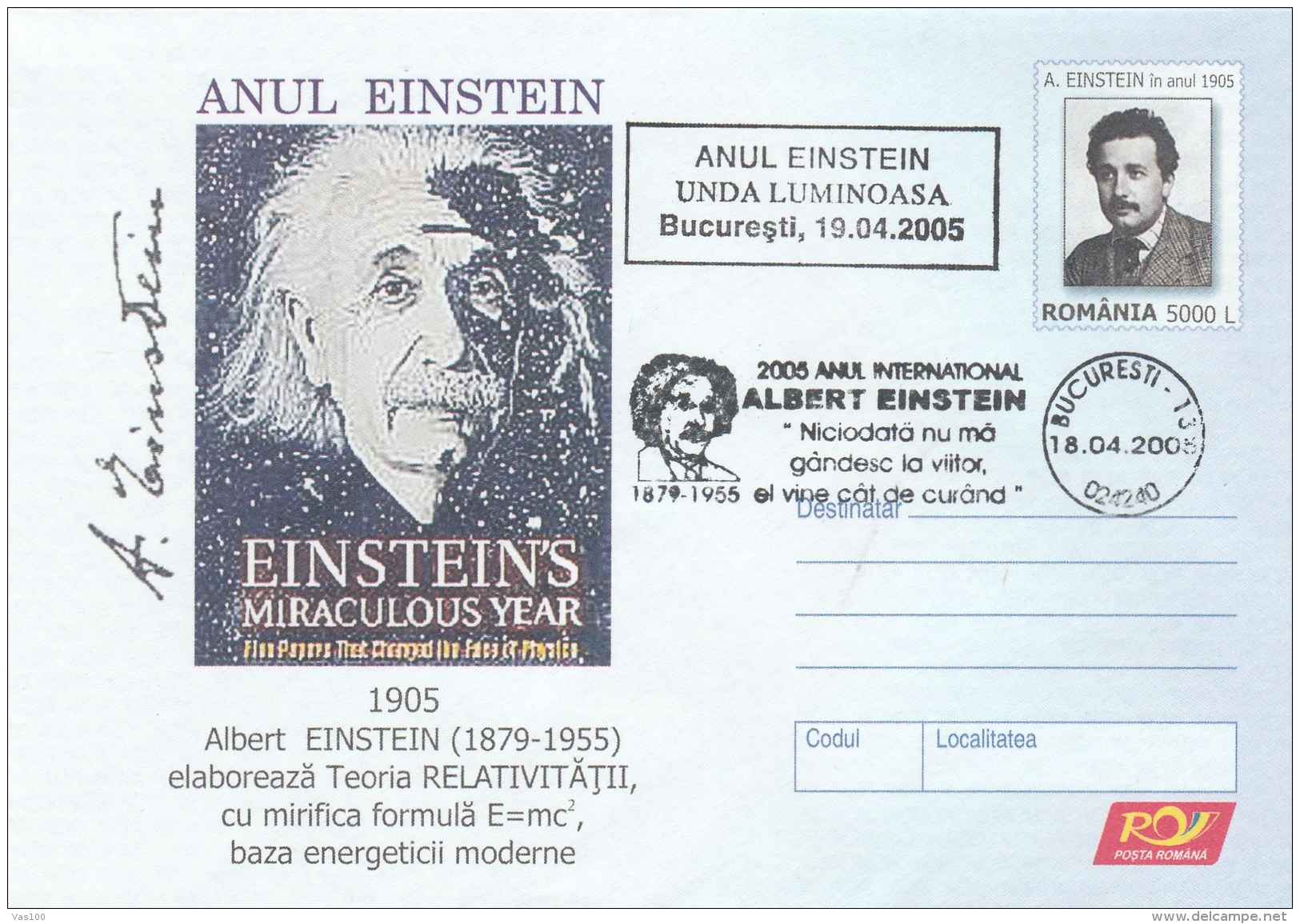 #BV6564 ALBERT EINSTEIN,SCIENTIST,COVER STATIONERY,OBLITERATION CONCORDANTE,2005,ROMANIA - Albert Einstein