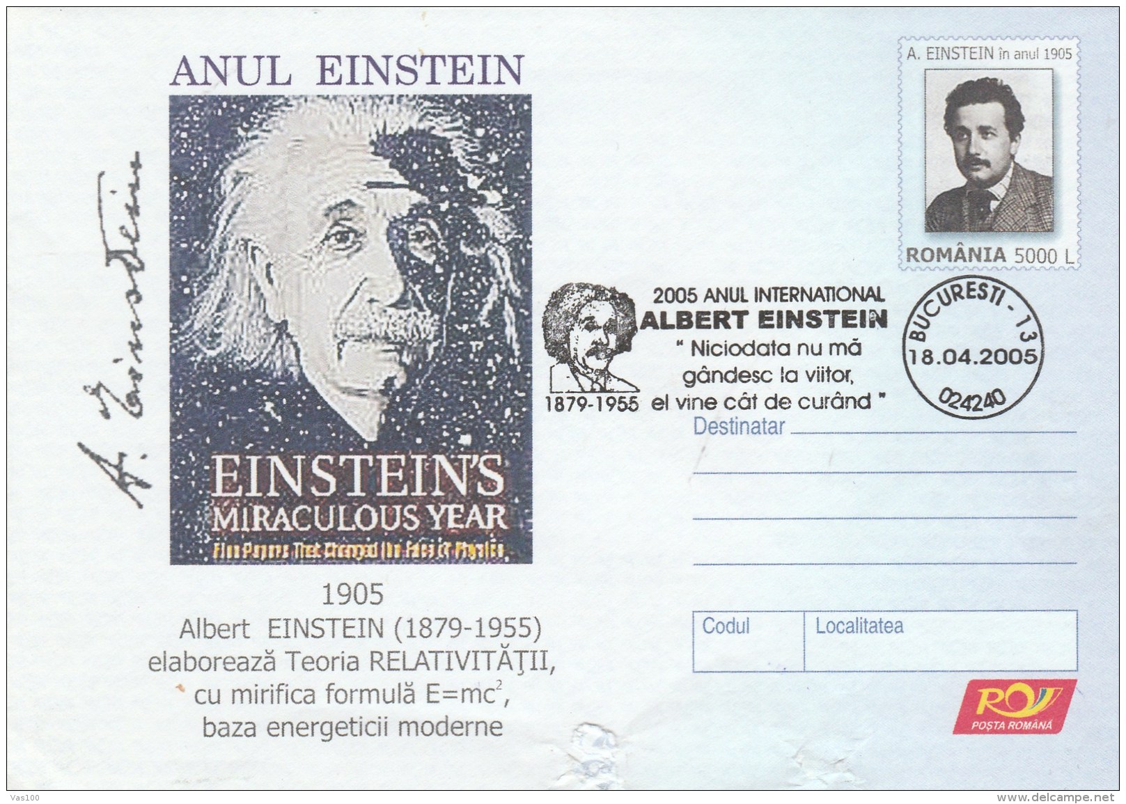 #BV6566 ALBERT EINSTEIN,SCIENTIST,COVER STATIONERY,OBLITERATION CONCORDANTE,2005,ROMANIA - Albert Einstein