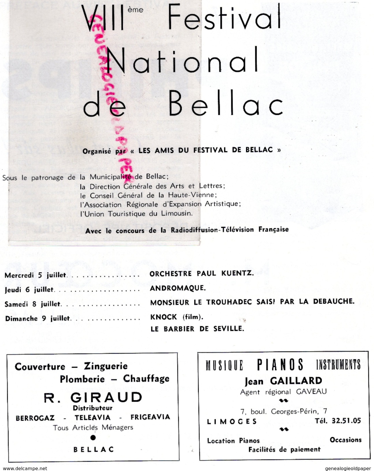 87 -BELLAC -PROGRAMME 8 E FESTIVAL 1961- PAUL KUENTZ-ANDROMAQUE-KNOCK-BARBIER SEVILLE-ANDRE CLUZEAU-LIMOGES ETCHEVERRY- - Programs