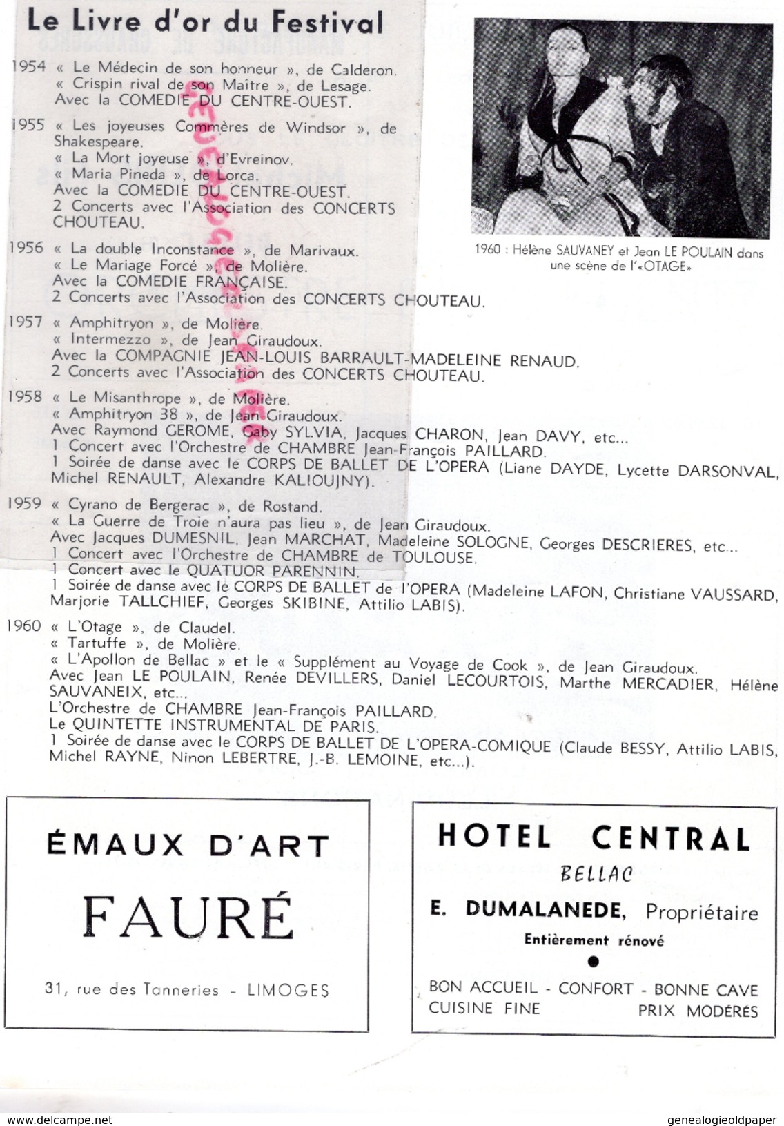 87 -BELLAC -PROGRAMME 8 E FESTIVAL 1961- PAUL KUENTZ-ANDROMAQUE-KNOCK-BARBIER SEVILLE-ANDRE CLUZEAU-LIMOGES ETCHEVERRY-
