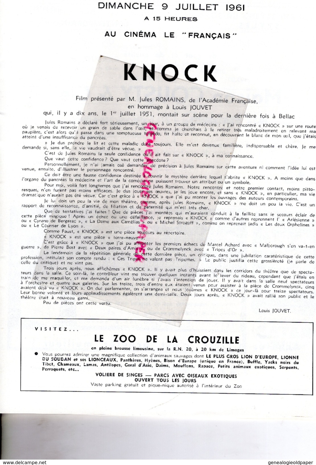 87 -BELLAC -PROGRAMME 8 E FESTIVAL 1961- PAUL KUENTZ-ANDROMAQUE-KNOCK-BARBIER SEVILLE-ANDRE CLUZEAU-LIMOGES ETCHEVERRY-