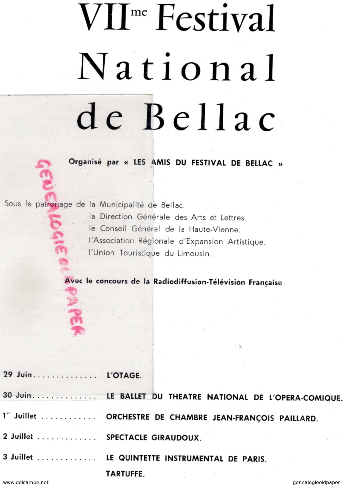 87 - BELLAC - PROGRAMME 7E FESTIVAL 1960-  ANDRE CLUZEAU-L' OTAGE-OPERA COMIQUE BALLET- J.F. PAILLARD-GIRAUDOUX-TARTUFFE - Programmi