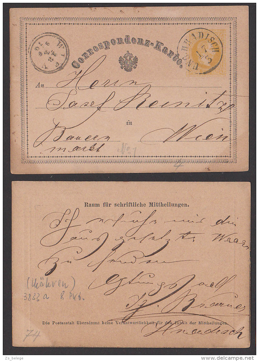 Correspondenz-Karte 1876 UNG. HRADISCH, 2 Kreuzer Ganzsache Nach Wien - Briefe U. Dokumente