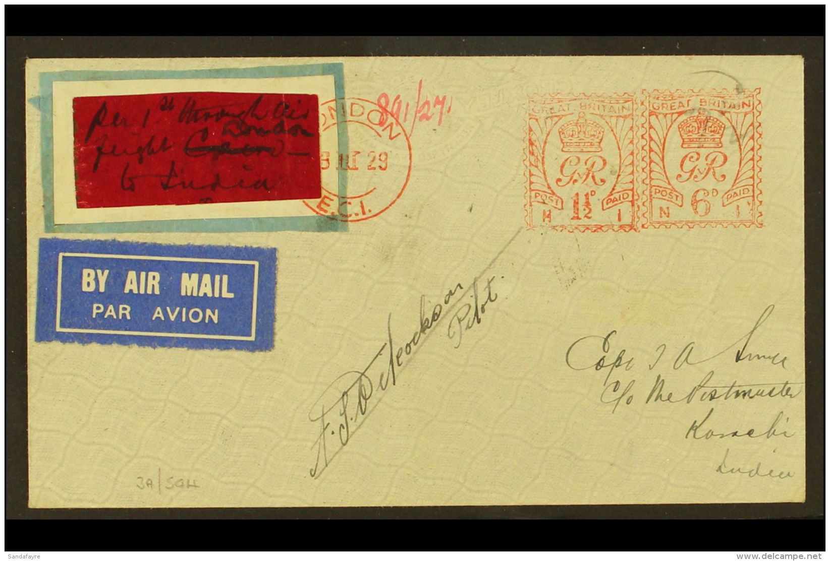 1929 LONDON - KARACHI FLIGHT. (30 March) Cover Bearing 1&frac12;d+6d "London" Meter Mail Impression, 'per 1st... - Andere & Zonder Classificatie