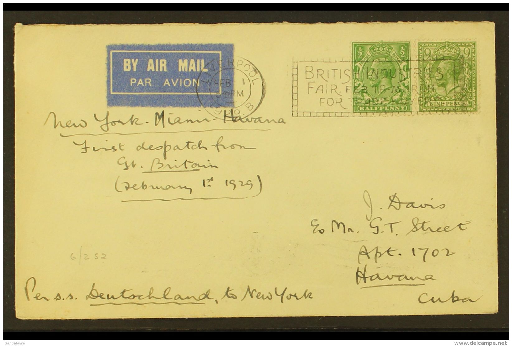 1929 FIRST AIRMAIL ACCEPTANCE TO CUBA. (1 Feb) Cover Endorsed 'Per S.S. Deutschland, To New York', Bearing Stamps... - Andere & Zonder Classificatie