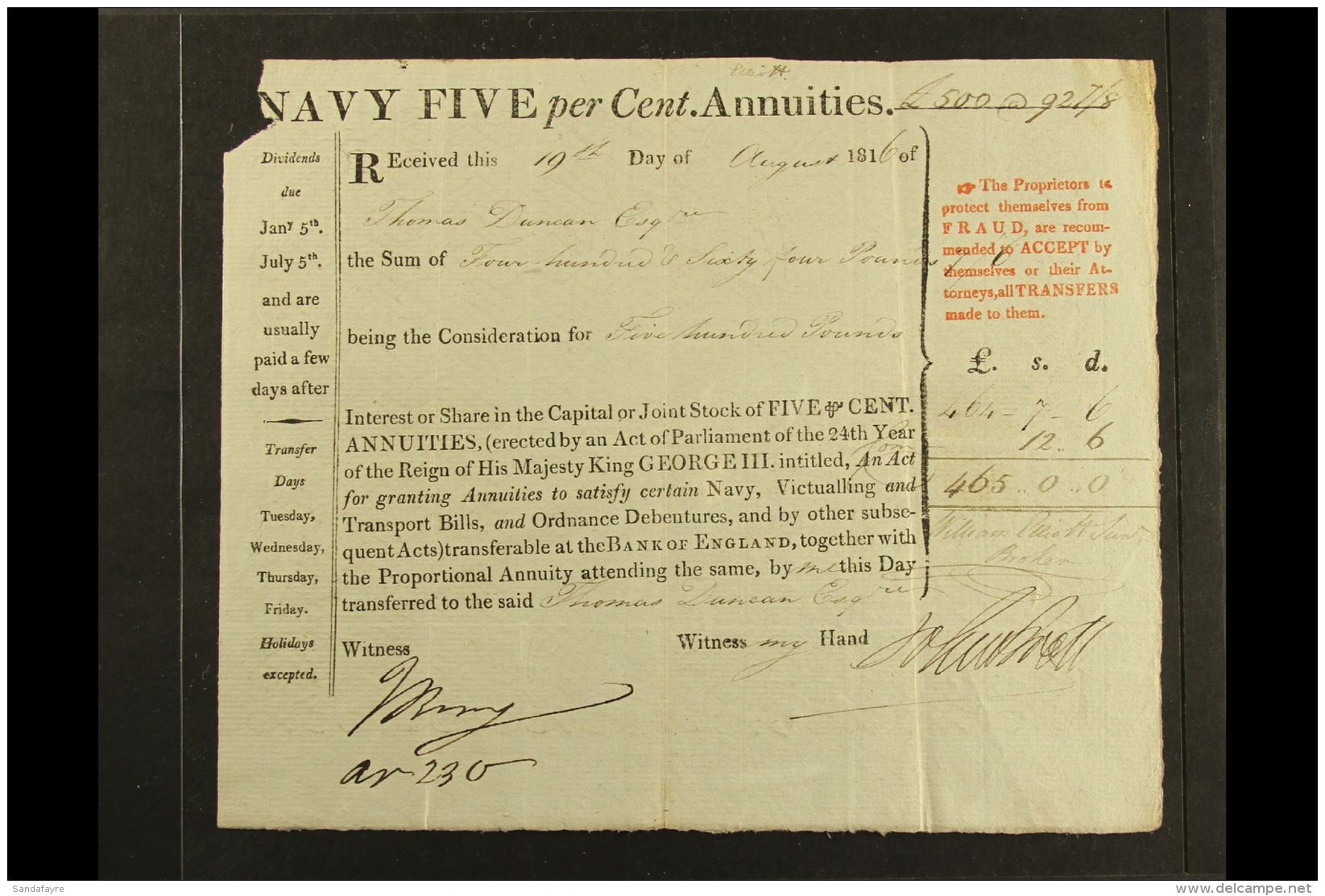 1816 ROYAL NAVY 'NAVY FIVE PER CENT. ANNUITIES' STOCK CERTIFICATE For Five Hundred Pounds, With Two Witness... - Andere & Zonder Classificatie