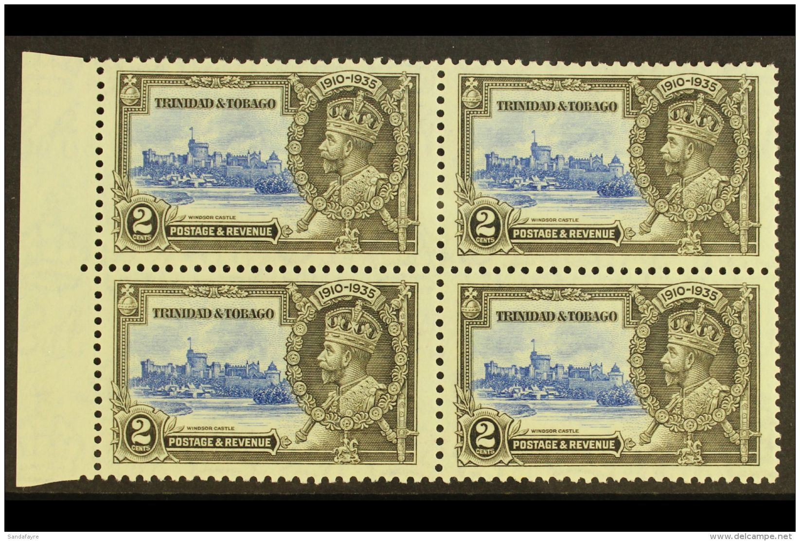 1935 2c Ultramarine And Grey-black Silver Jubilee, Marginal Block Of 4, Top Left Stamp Showing The Variety... - Trinidad & Tobago (...-1961)
