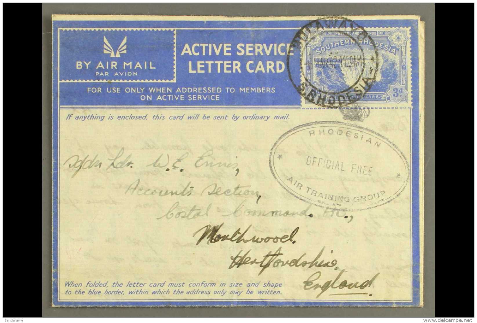 ACTIVE SERVICE LETTER CARD 1941 3d Ultramarine On White With Overlay, H&amp;G 1, Fine Used With "Bulawayo 6 MAY... - Zuid-Rhodesië (...-1964)