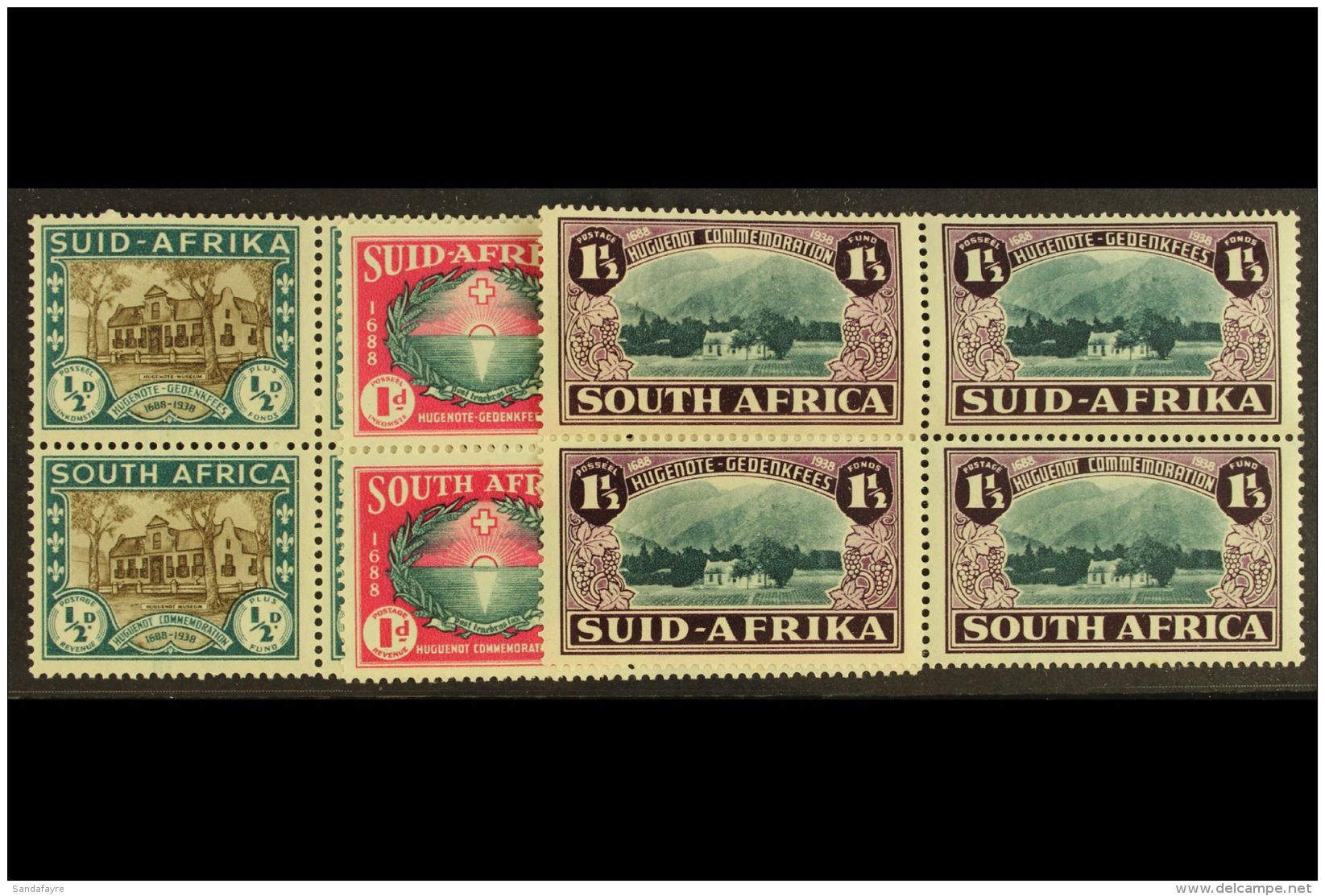 1939 Huguenot Anniversary Set, SG 82/84, In Mint Never Hinged Blocks Of Four. (12) For More Images, Please Visit... - Ohne Zuordnung