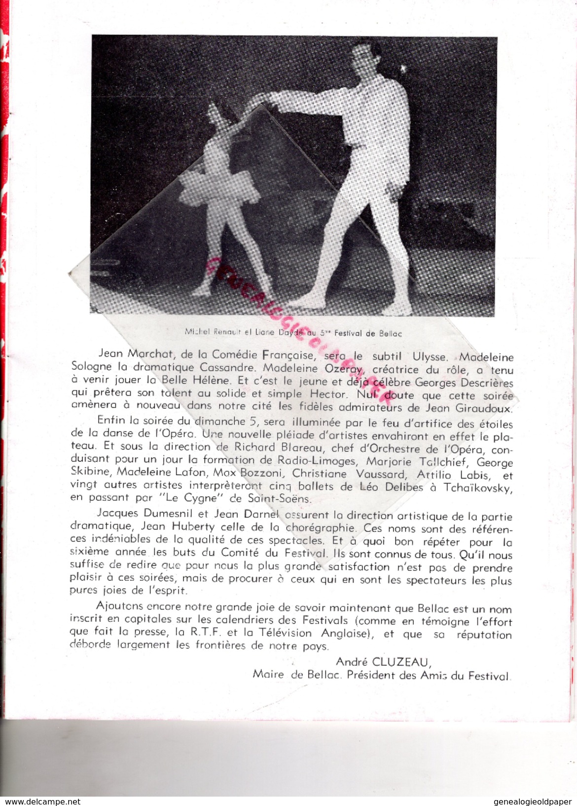 87 - BELLAC - PROGRAMME 6E FESTIVAL 1950- ANDRE CLUZEAU-HAVILAND-TOULOUSE-CYRANO BERGERAC-GUERRE TROIE-TALLCHIEF-SKIBINE