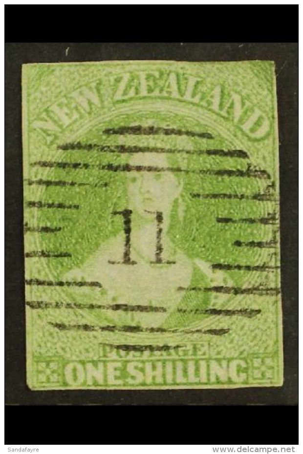 1855-58 1s Green Chalon On Blued Paper, SG 6, Four Clear To Small Margins And Crisp Upright "11" Cancel. Thin... - Andere & Zonder Classificatie