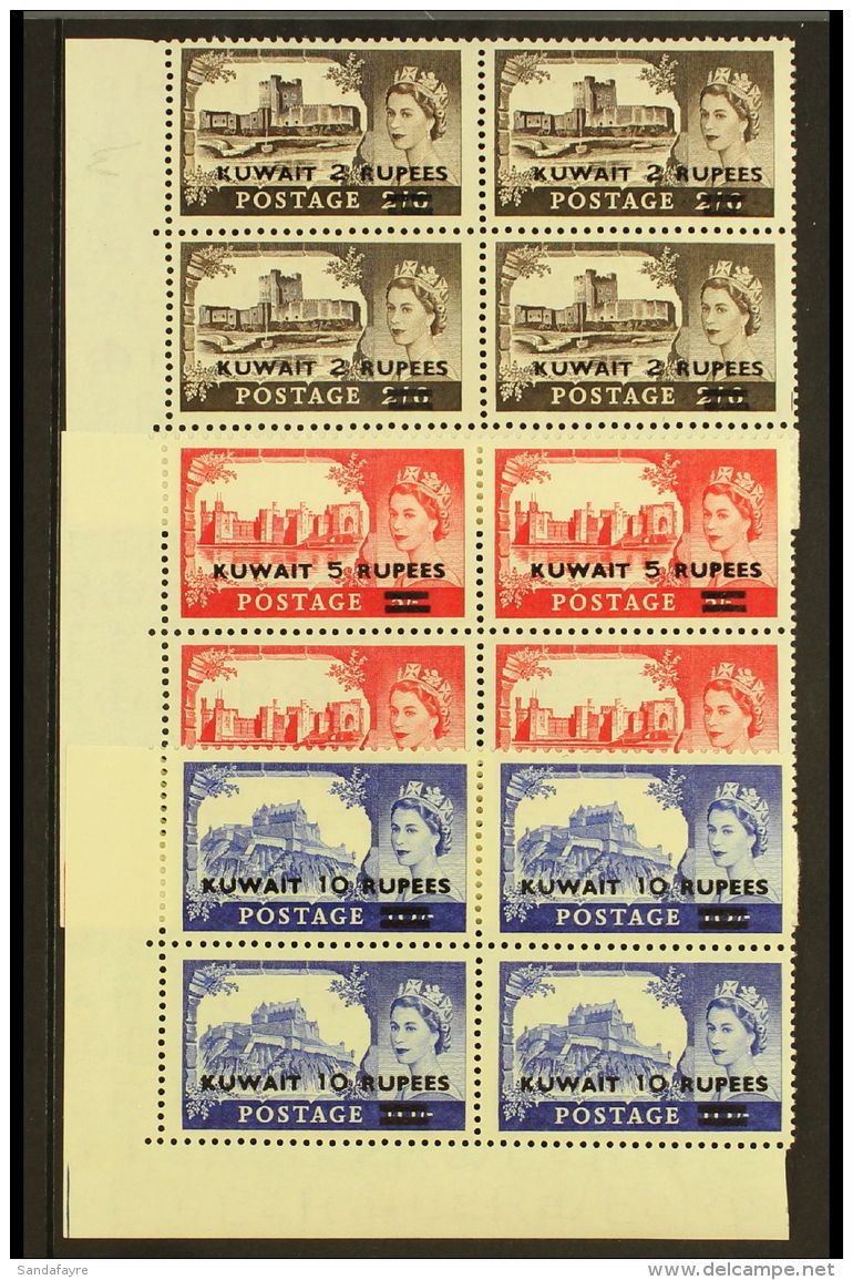 1955-57 "Castles" High Values Type II Opt'd, SG 107a/09a, CORNER BLOCKS OF FOUR Never Hinged Mint. Scarce! (3... - Koeweit