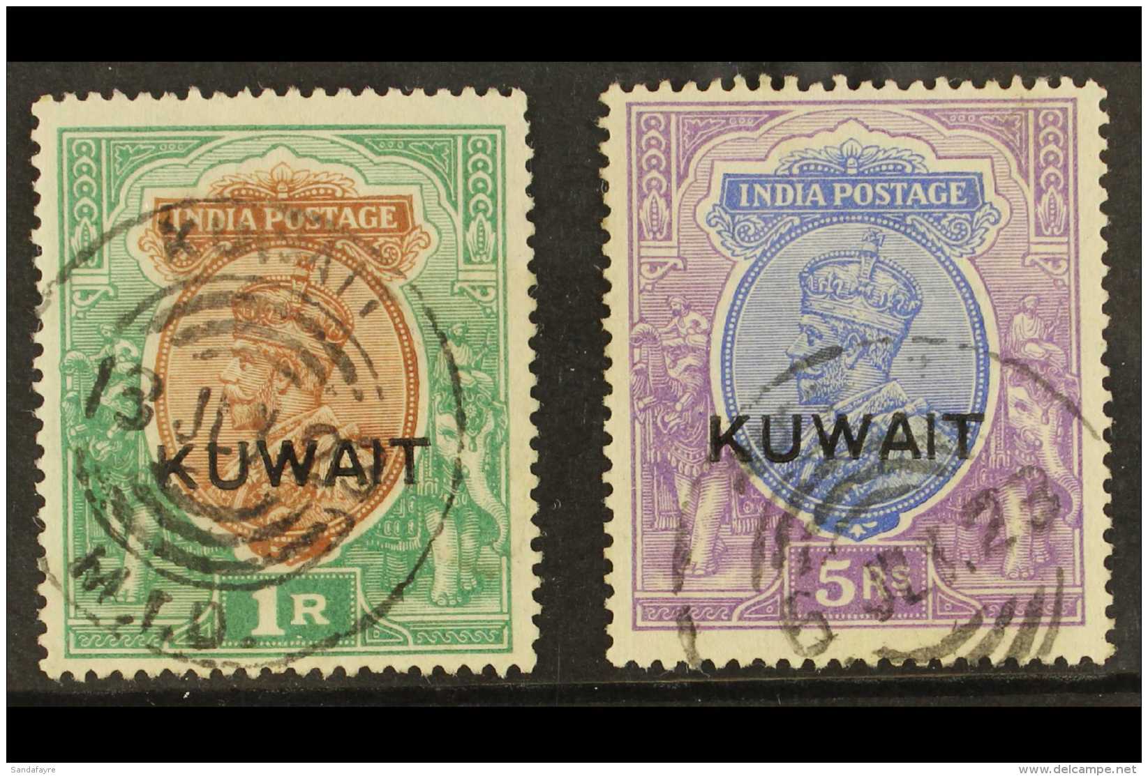 1923-24 1r Brown &amp; Green And 5r Ultramarine &amp; Violet Overprints, SG 12 &amp; 14, Fine Used With "Kuwait... - Kuwait