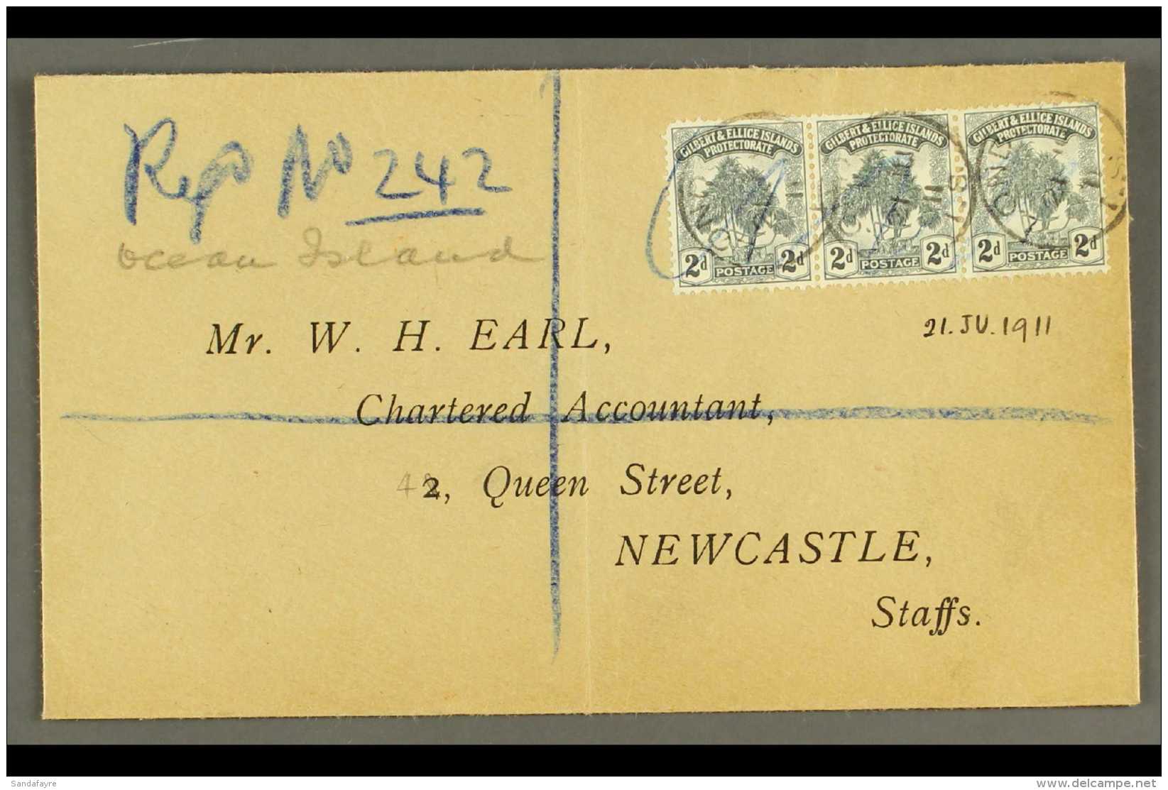 OCEAN ISLAND 1911 Registered Cover To England, Bearing Strip Of Three 2d "Pines," Cancelled By Blue Crayon, Stamps... - Îles Gilbert Et Ellice (...-1979)