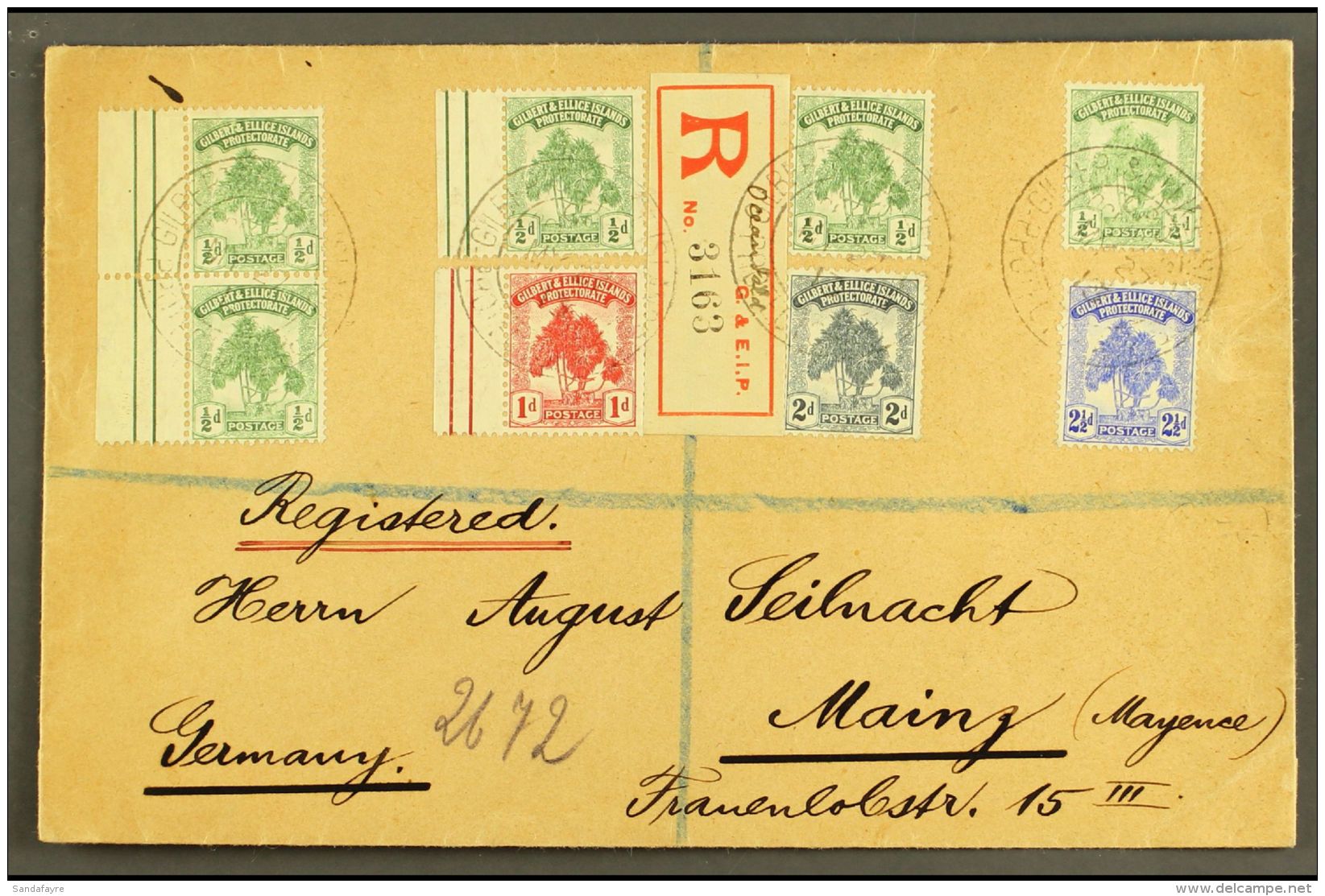 1913 (27 May) Registered Cover To Germany, Bearing 1911 Pine Set, Plus Additional Four &frac12;d Stamps, Tied By... - Gilbert- Und Ellice-Inseln (...-1979)