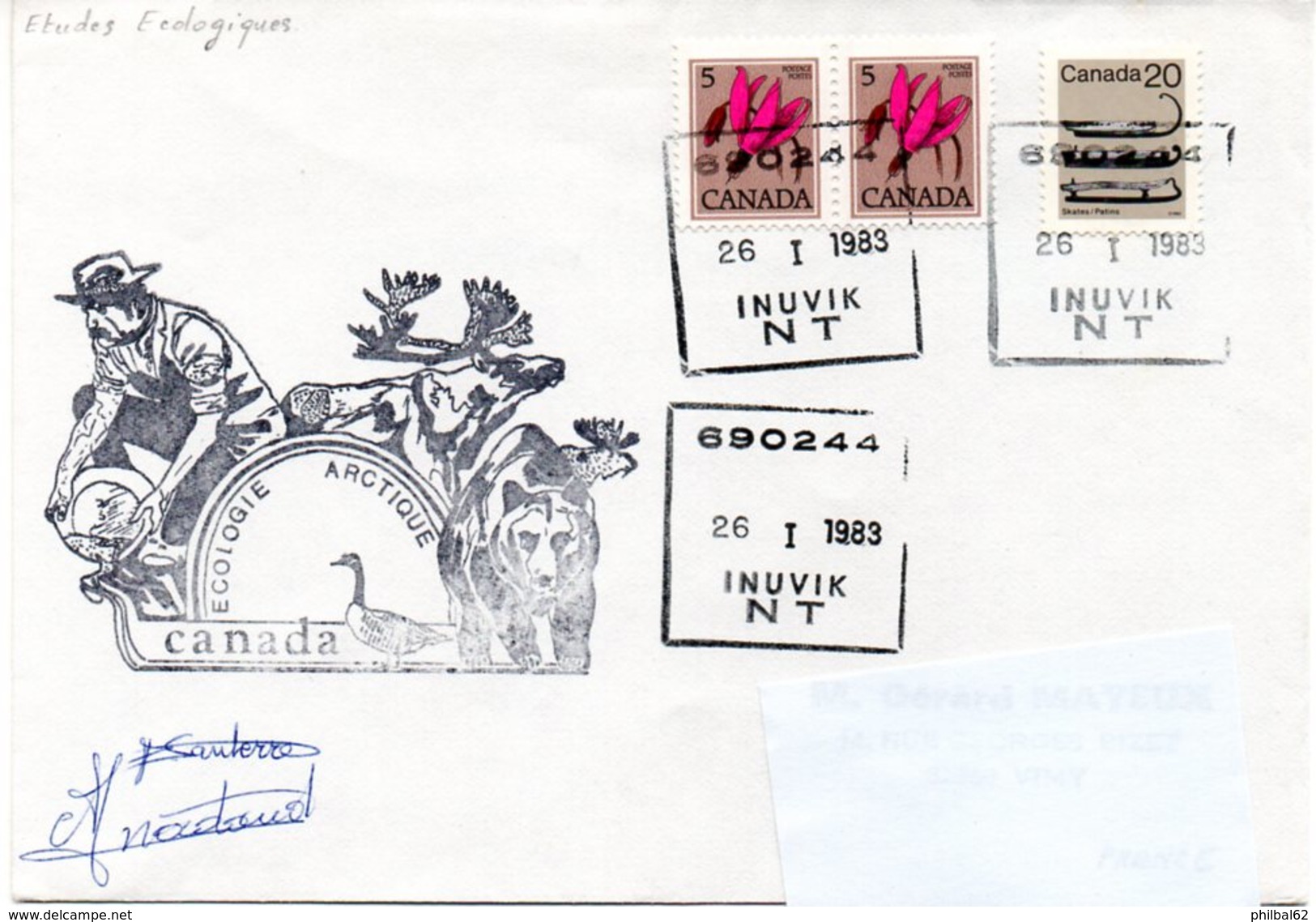 Ecologie Arctique, Canada. Cachet à Date Inuvik, 26-01-1983. Cachet Illustré Et Signatures. - Expéditions Arctiques