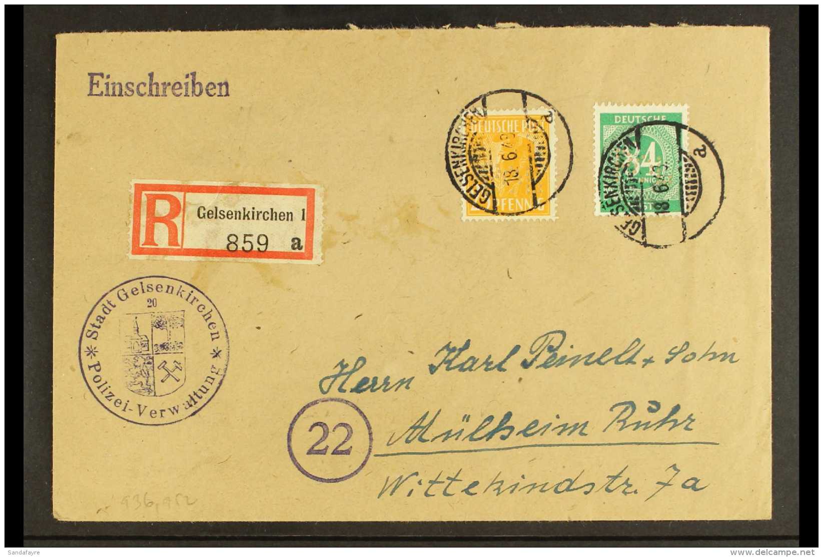 AMERICAN &amp; BRITISH ZONE 1948 (18 June) Registered Cover Bearing 25pf &amp; 84pf Stamps (Michel 936 &amp; 952)... - Autres & Non Classés