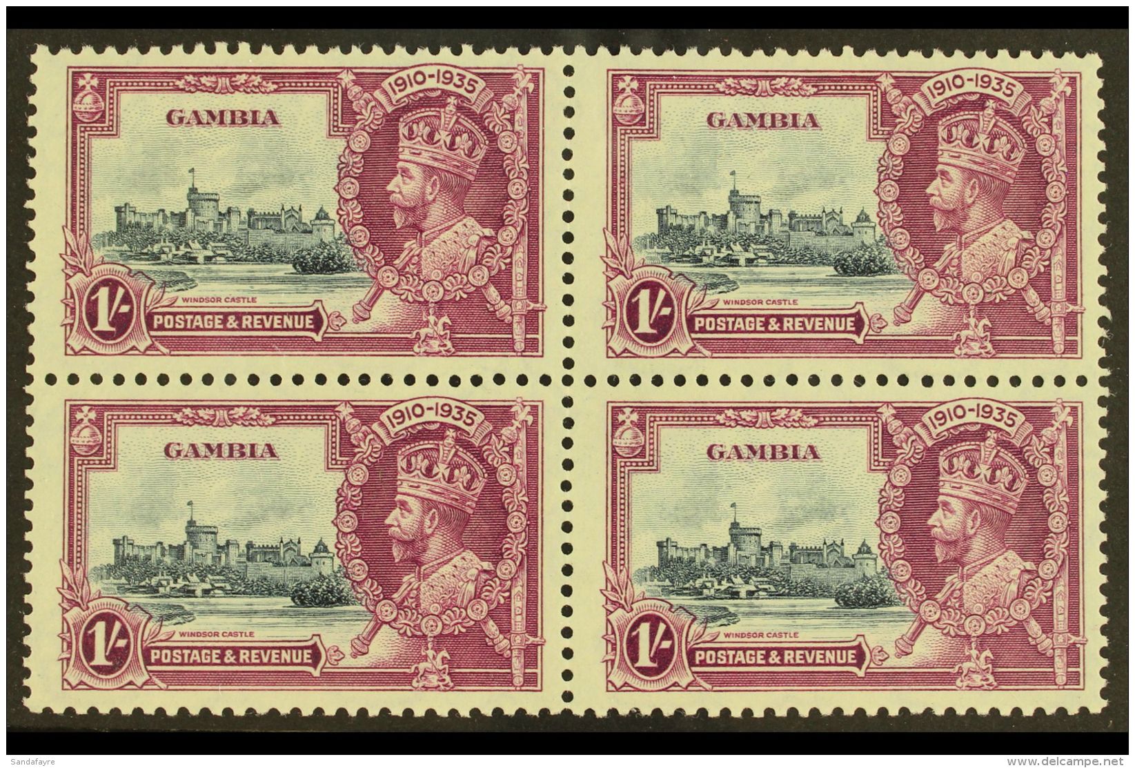 1935 1s Slate And Purple Jubilee Stamp With "LIGHTNING CONDUCTOR FLAW" As The Lower Left Stamp Of A Mint Block Of... - Gambia (...-1964)