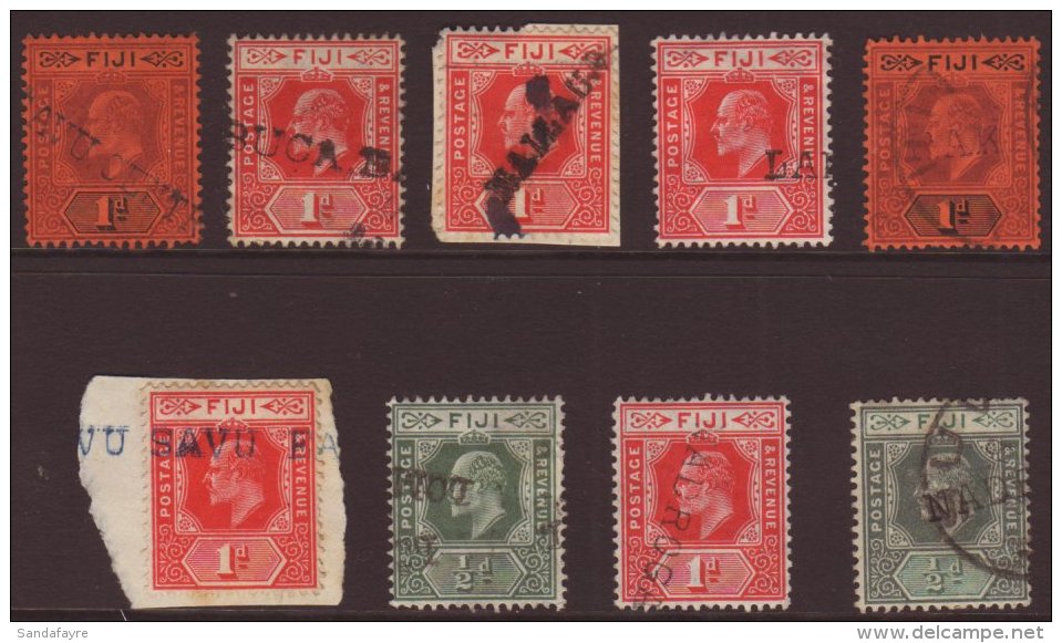 STRAIGHT LINE VILLAGE CANCELS A Fine Group Of Various KEVII &frac12;d And 1d Values Showing A Range Of Part... - Fiji (...-1970)