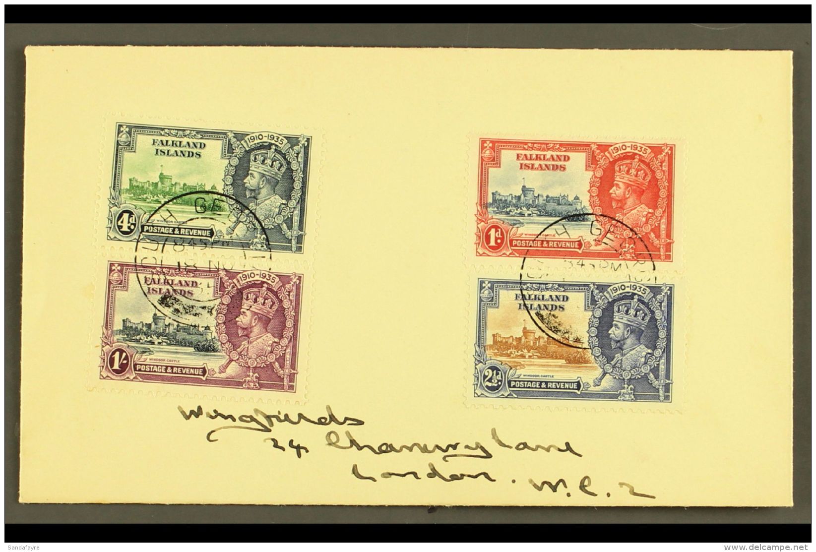 SOUTH GEORGIA 1935 Silver Jubilee Of Falkland Islands Complete Set, SG 139/142, On Cover To London Tied By "SOUTH... - Falklandinseln