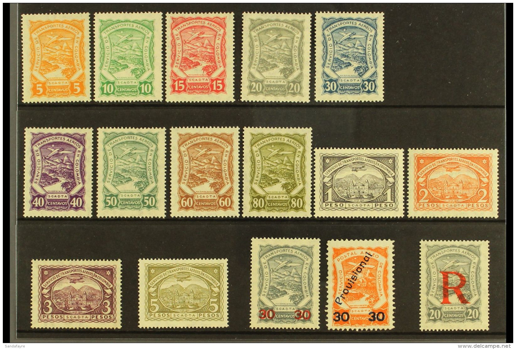 SCADTA 1923 FINE MINT COLLECTION On A Stock Card. Includes 1923-28 "Plane Over Magdalena River" Complete Set, 1923... - Colombia