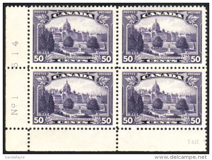 1935 50c Deep Violet, SG 350, Very Fine Mint (three Stamps Never Hinged) Lower Left Corner BLOCK Of 4 With Plate... - Sonstige & Ohne Zuordnung