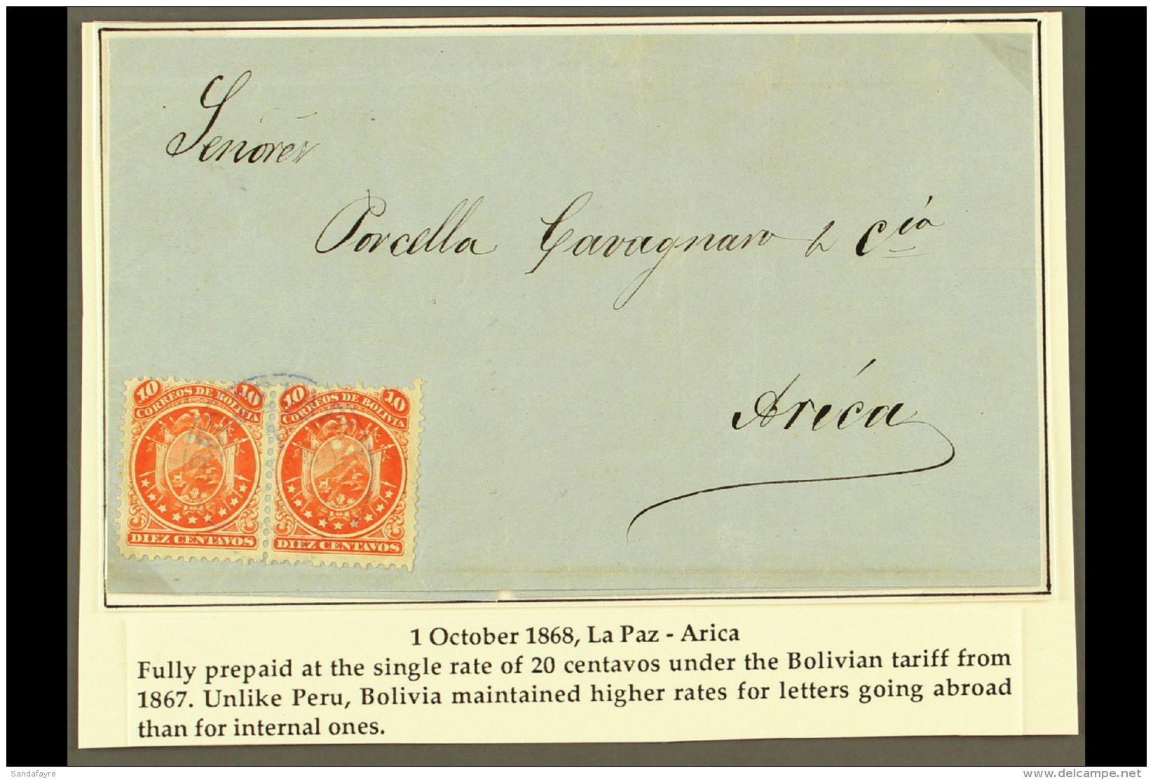 1868 (1 Oct) Cover Addressed To Arica (then In Peru, Now In Chile), Bearing 1868 10c Vermilion Horiz Pair, Scott... - Bolivië
