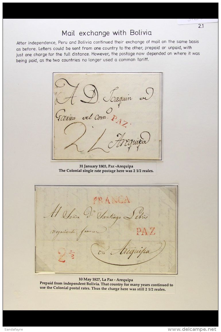 1803-1856 MAIL EXCHANGE BETWEEN BOLIVIA &amp; PERU. A Beautiful Collection Of Twelve ENTIRE LETTERS Expertly... - Bolivië
