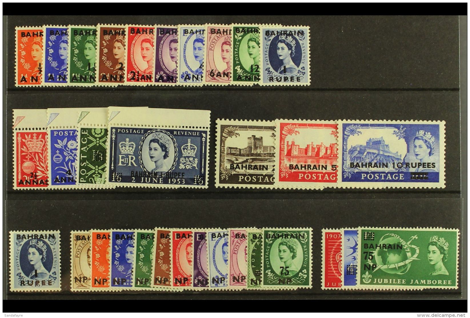 1952-1957 NEVER HINGED MINT COLLECTION On A Stock Card, All Different, Inc 1952-54 Set, 1953 Coronation Set,... - Bahrain (...-1965)