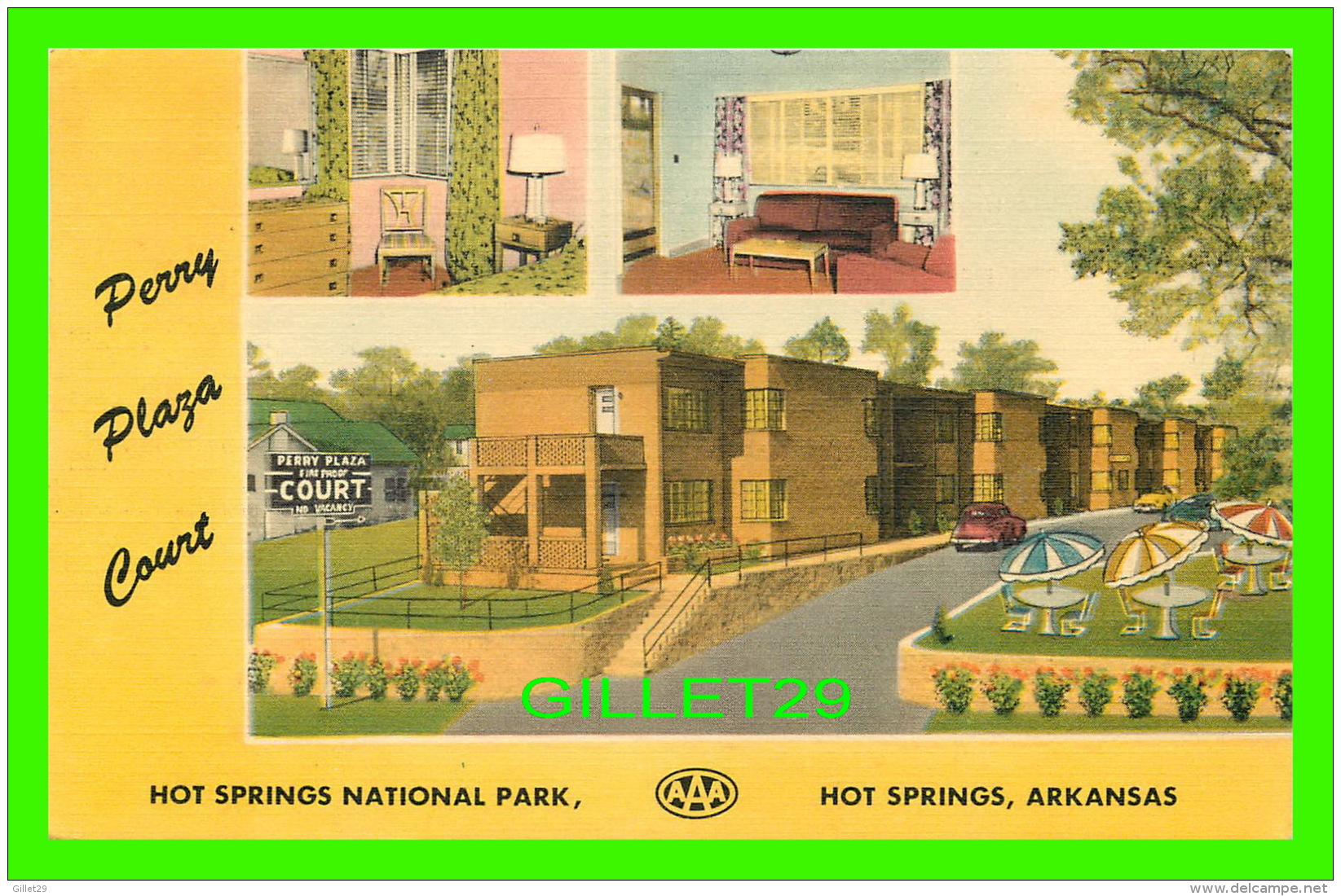 HOT SPRINGS, AR - PERRY PLAZA COURT,  HOT SPRINGS NATIONAL PARK - TRAVEL IN 1950 - PUB. BY ARKANSAS PRTG &amp; LITHO CO - Hot Springs