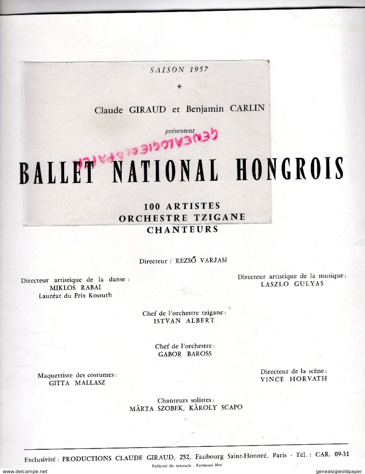 HONGRIE-BALLET HONGROIS-1957-TZIGANE-REZSO VARJASI-MIKLOS RABAI-ISTVAN ALBERT-LASZLO GULYAS-GABOR BAROSS-RICCI RITZ - Programas