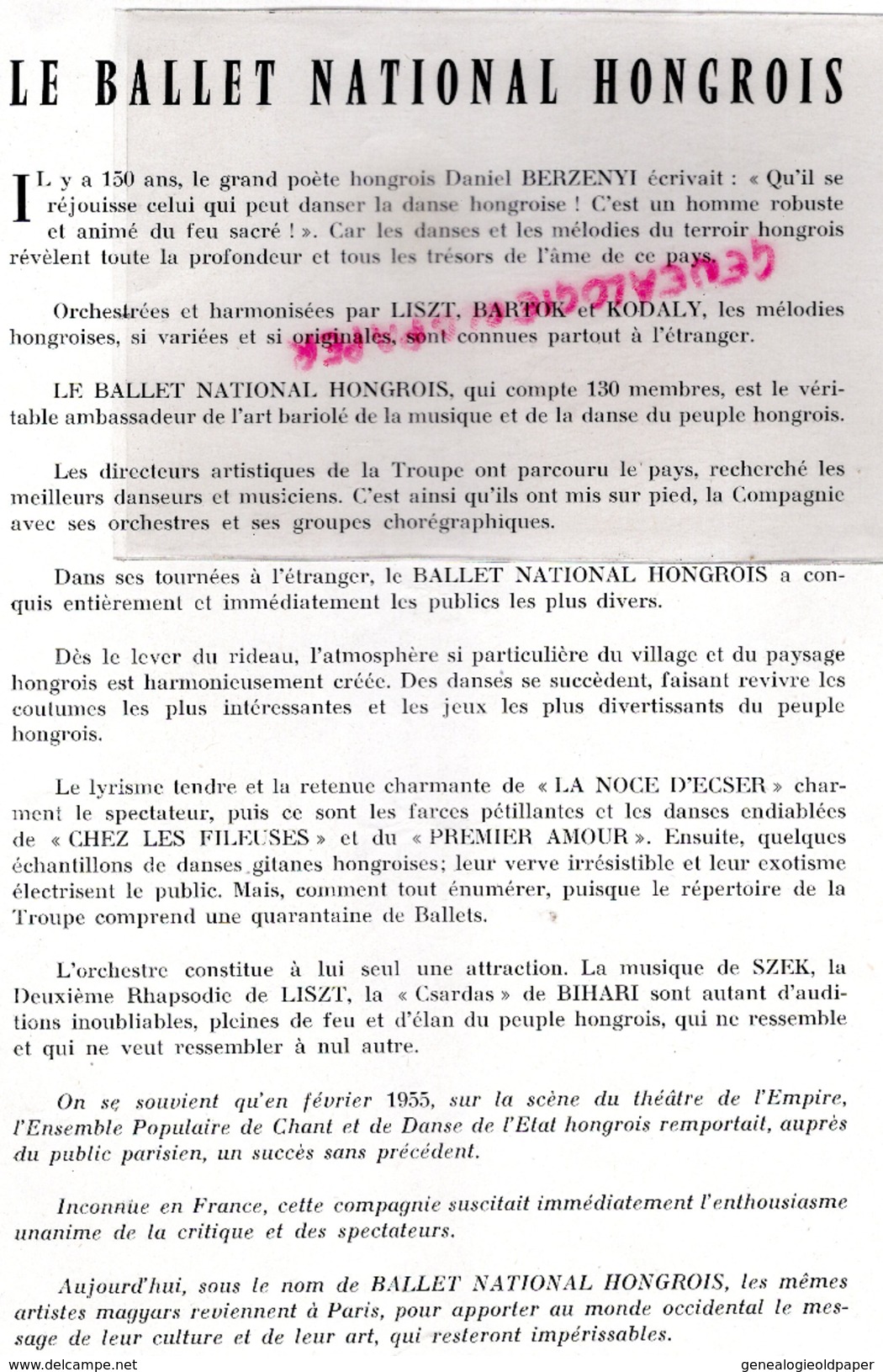 HONGRIE-BALLET HONGROIS-1957-TZIGANE-REZSO VARJASI-MIKLOS RABAI-ISTVAN ALBERT-LASZLO GULYAS-GABOR BAROSS-RICCI RITZ - Programs