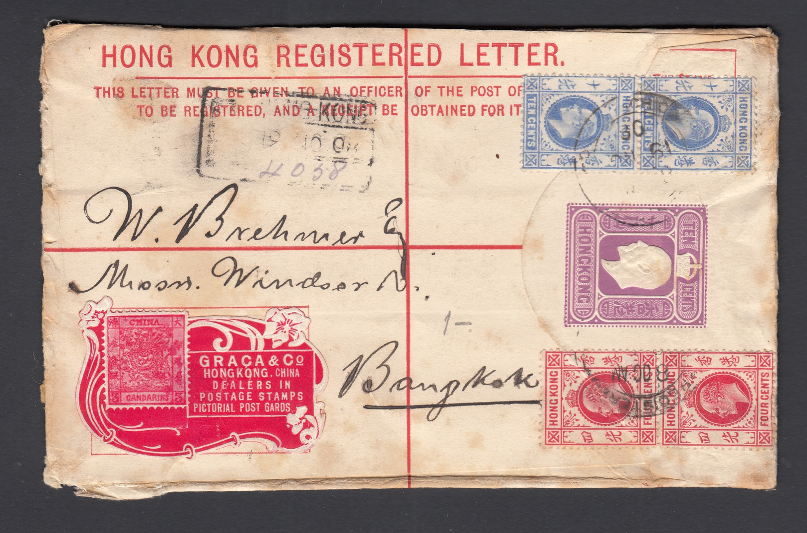 CARTA POSTAL 1908  HONG KONG A BANGKOK , - Lettres & Documents