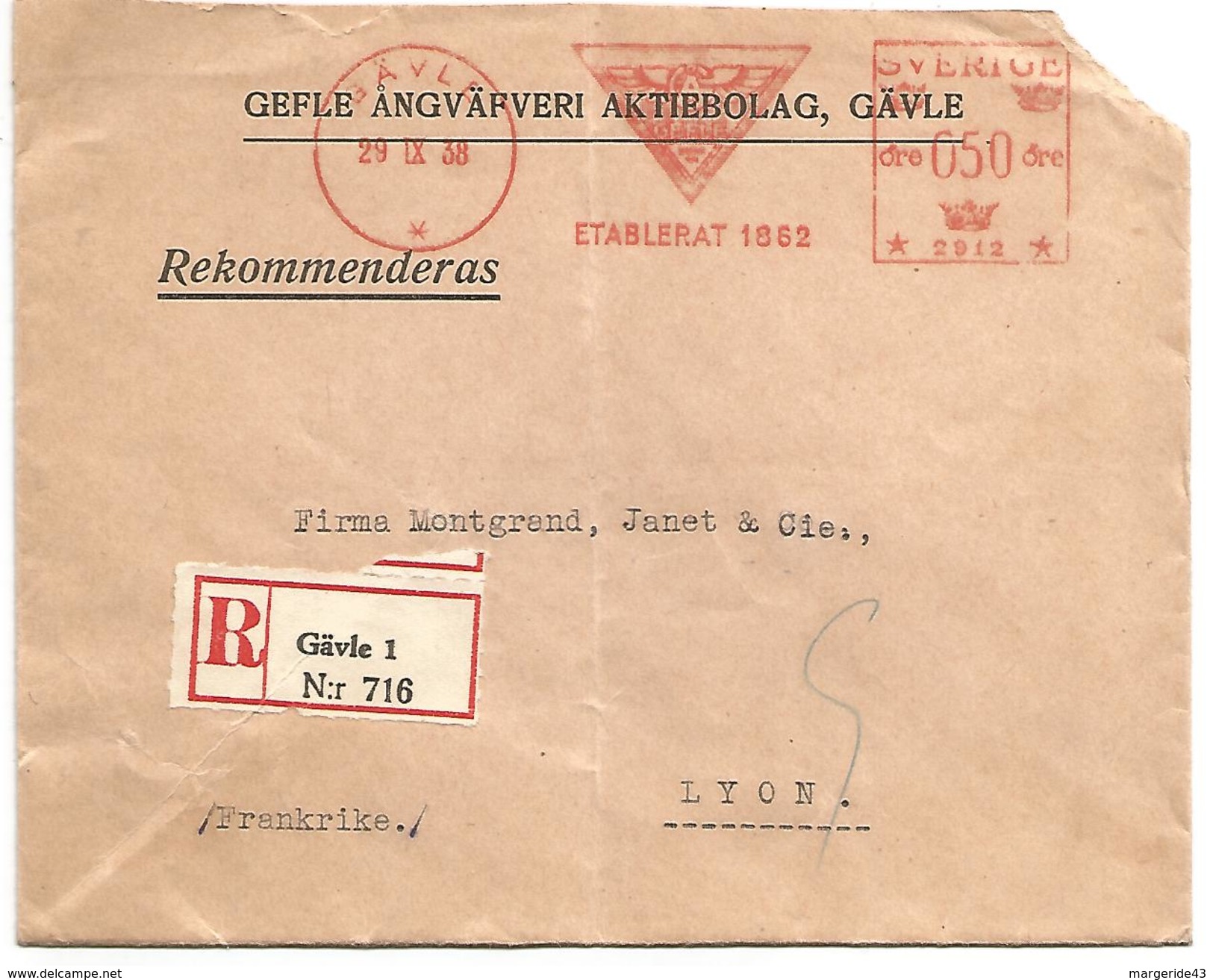 SUEDE EMA SUR LETTRE DE GÄVLE DU 29/9/1938 - Sonstige & Ohne Zuordnung