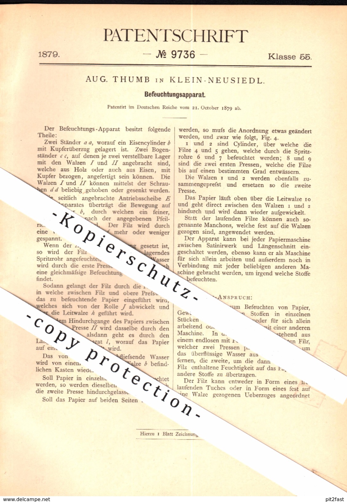 Original Patent - August Thumb In Klein-Neusiedl , 1879 , Befeuchter Für Papierfabrik , Papier , Wien !!! - Fischamend