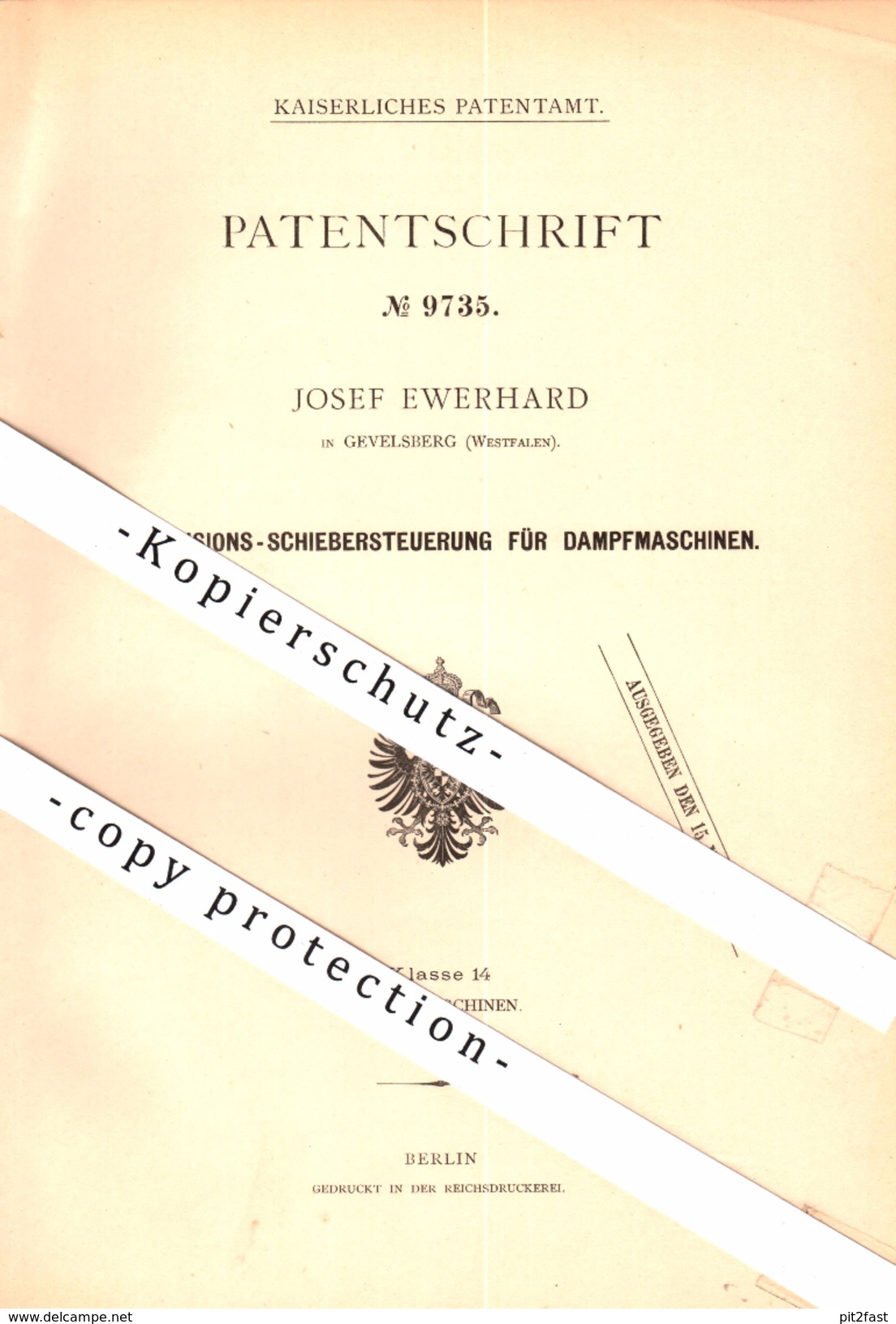 Original Patent - Josef Ewerhard In Gevelsberg , Westfalen , 1879 , Steuerung Für Dampfmaschine !!! - Gevelsberg
