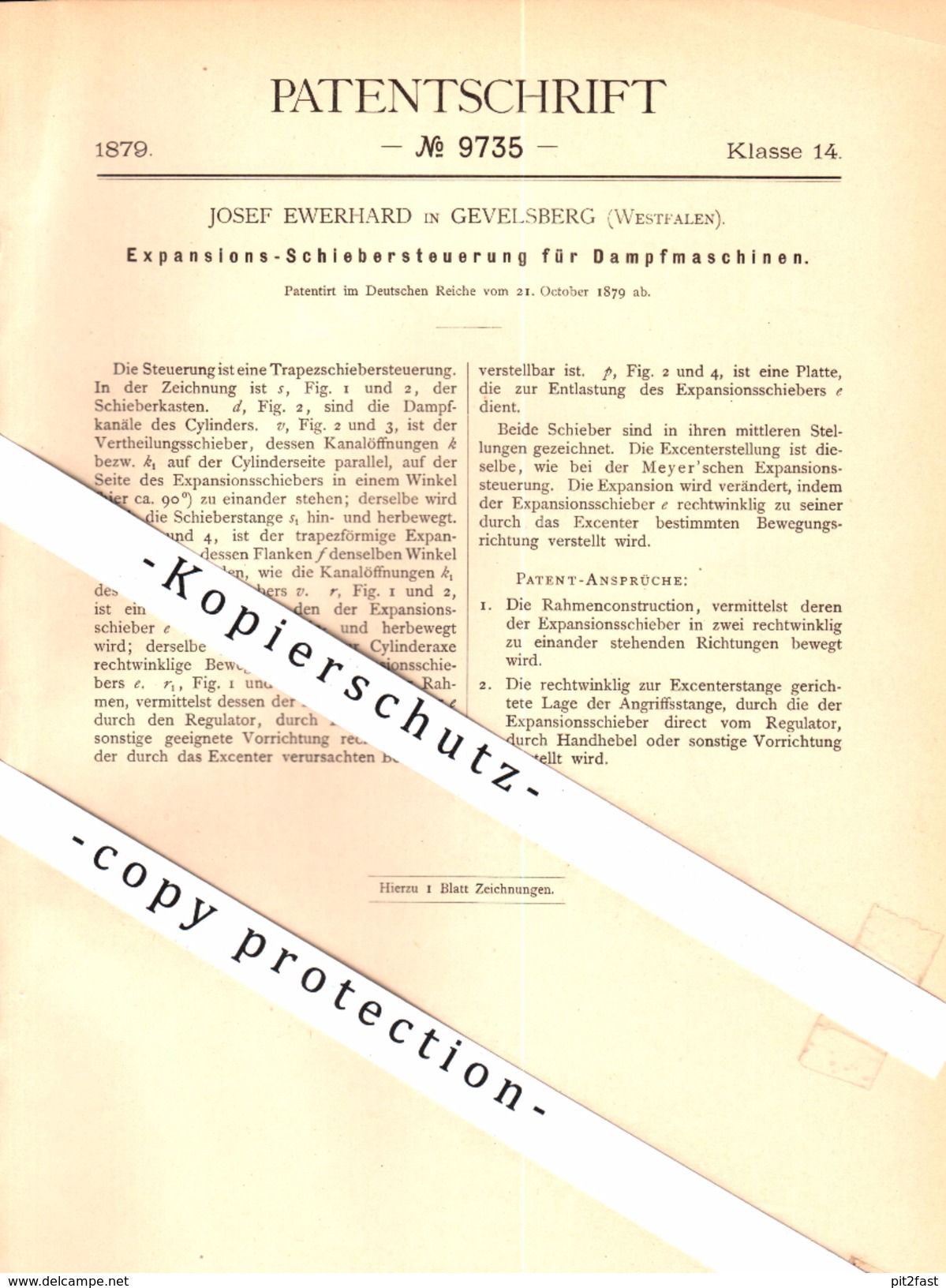 Original Patent - Josef Ewerhard In Gevelsberg , Westfalen , 1879 , Steuerung Für Dampfmaschine !!! - Gevelsberg