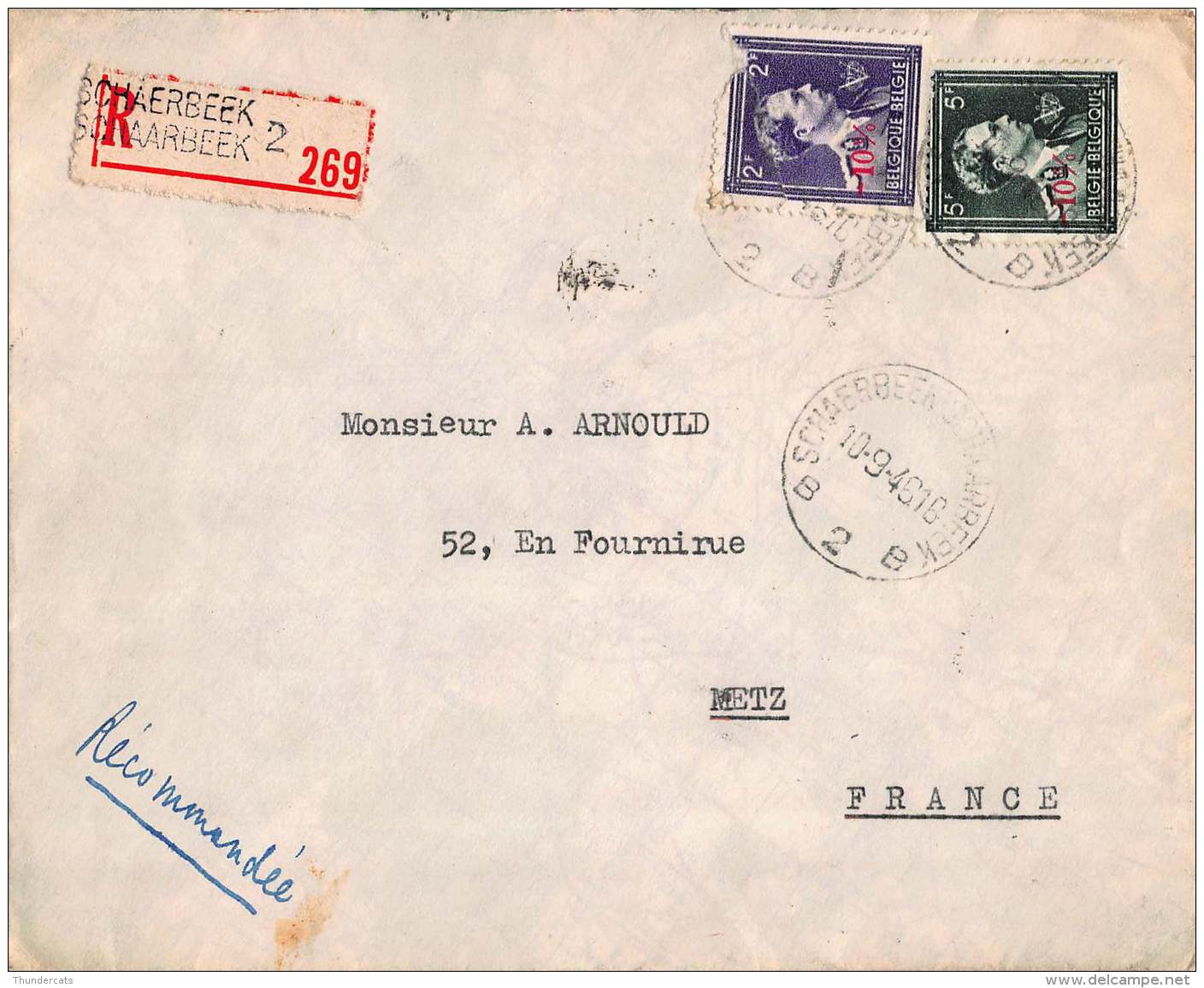 BRIEF 1946 AANGETEKEND METZ FRANCE SCHAERBEEK SCHAARBEEK UCCLE  LETTRE RECOMMANDEE - Briefe U. Dokumente
