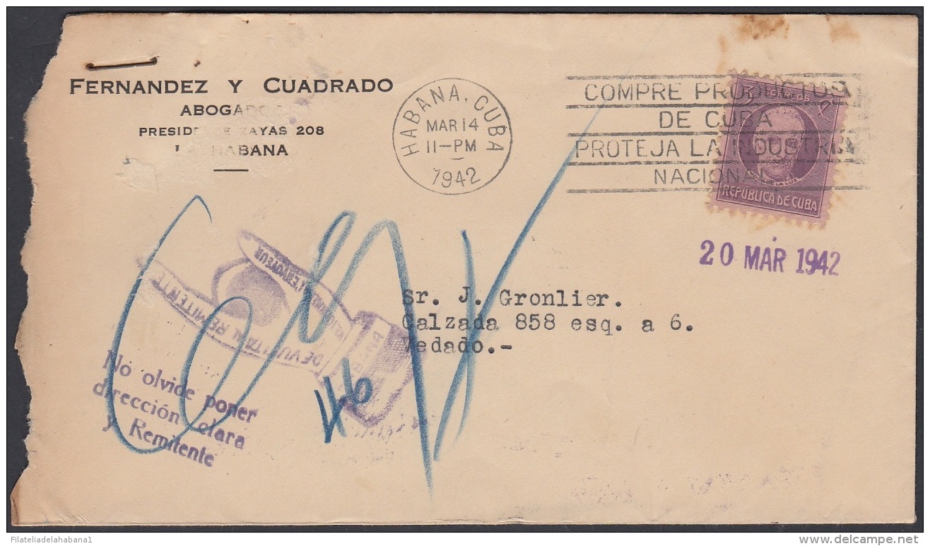 1917-H-330  CUBA REPUBLICA 1917 3c. SOBRE RETORNADO 1942. MANO HAND POSTMARK. CUMPLIDO EN LISTA. DESCONOCIDO - Brieven En Documenten