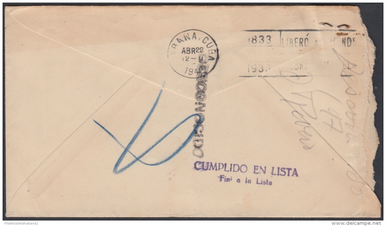 1917-H-330  CUBA REPUBLICA 1917 3c. SOBRE RETORNADO 1942. MANO HAND POSTMARK. CUMPLIDO EN LISTA. DESCONOCIDO - Brieven En Documenten