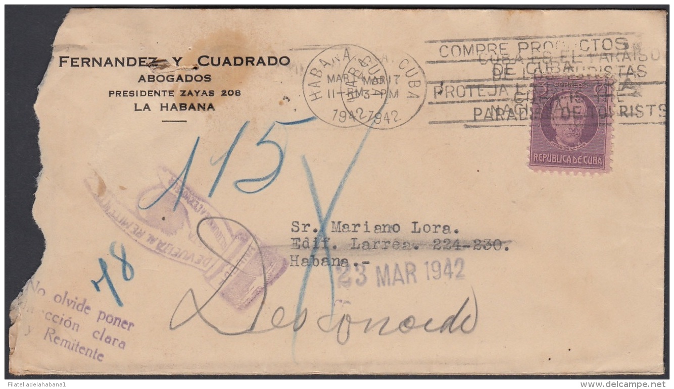 1917-H-331 CUBA REPUBLICA 1917 3c. SOBRE RETORNADO 1942. MANO HAND POSTMARK. DESCONOCIDO UNCLAIMEND. - Brieven En Documenten