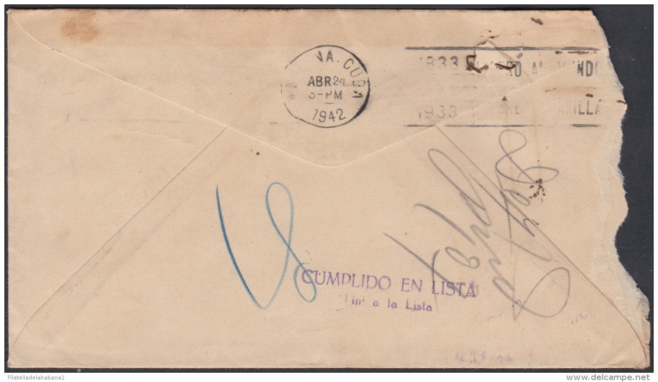 1917-H-331 CUBA REPUBLICA 1917 3c. SOBRE RETORNADO 1942. MANO HAND POSTMARK. DESCONOCIDO UNCLAIMEND. - Brieven En Documenten