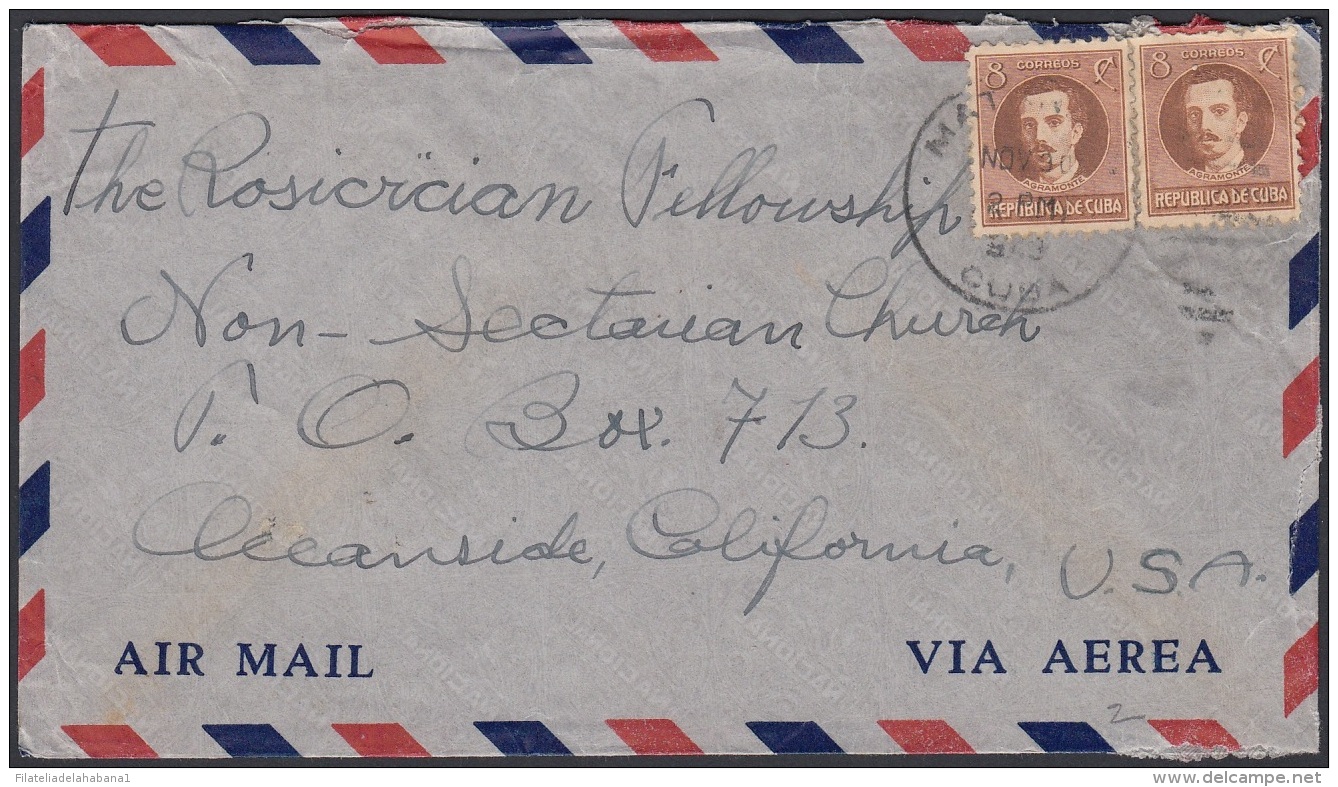 1917-H-334 CUBA REPUBLICA 1917 8c IGNACIO AGRAMONTE SOBRE 1949 A US ROSACRUCIAN FELLOWSHIP NON SECTARIAN CHURCH - Lettres & Documents