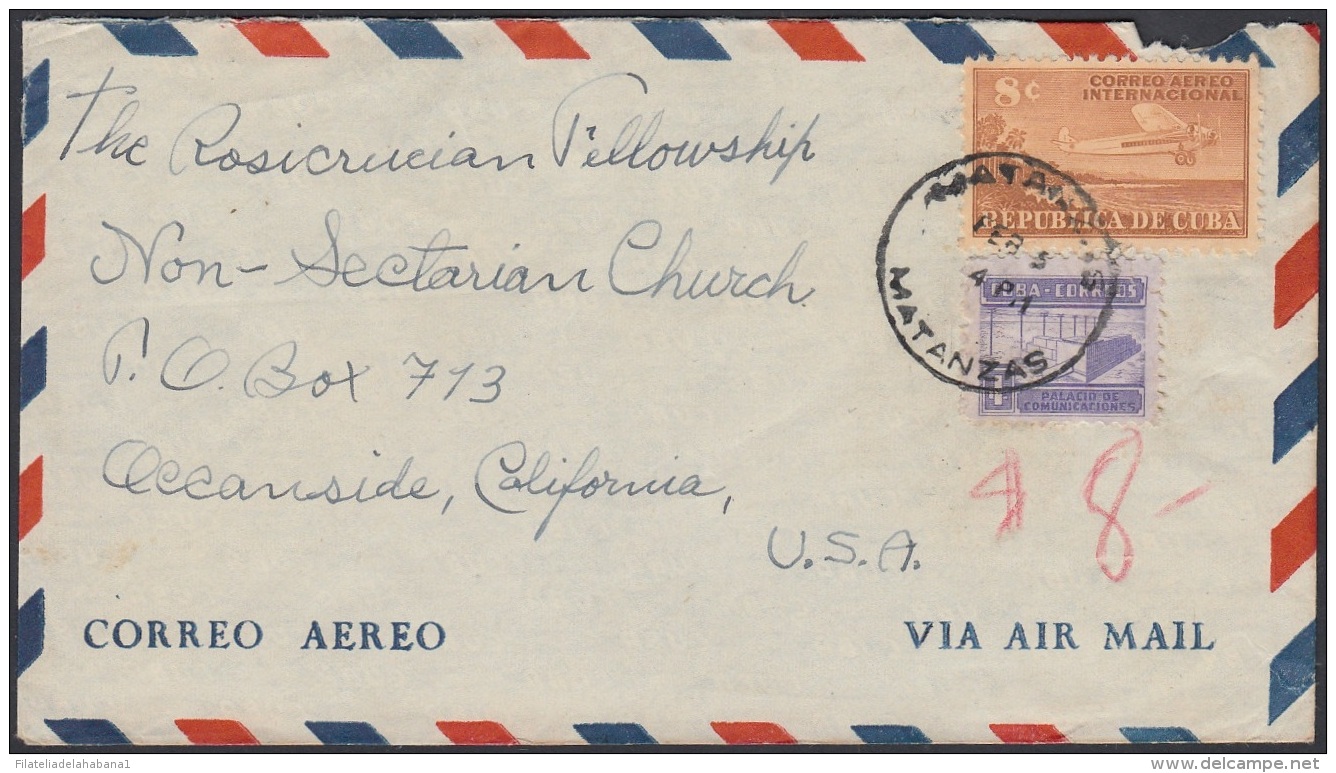 1948-H-58 CUBA REPUBLICA 1948 8c AVION SOBRE 1949 A US ROSACRUCIAN FELLOWSHIP NON SECTARIAN CHURCH - Covers & Documents