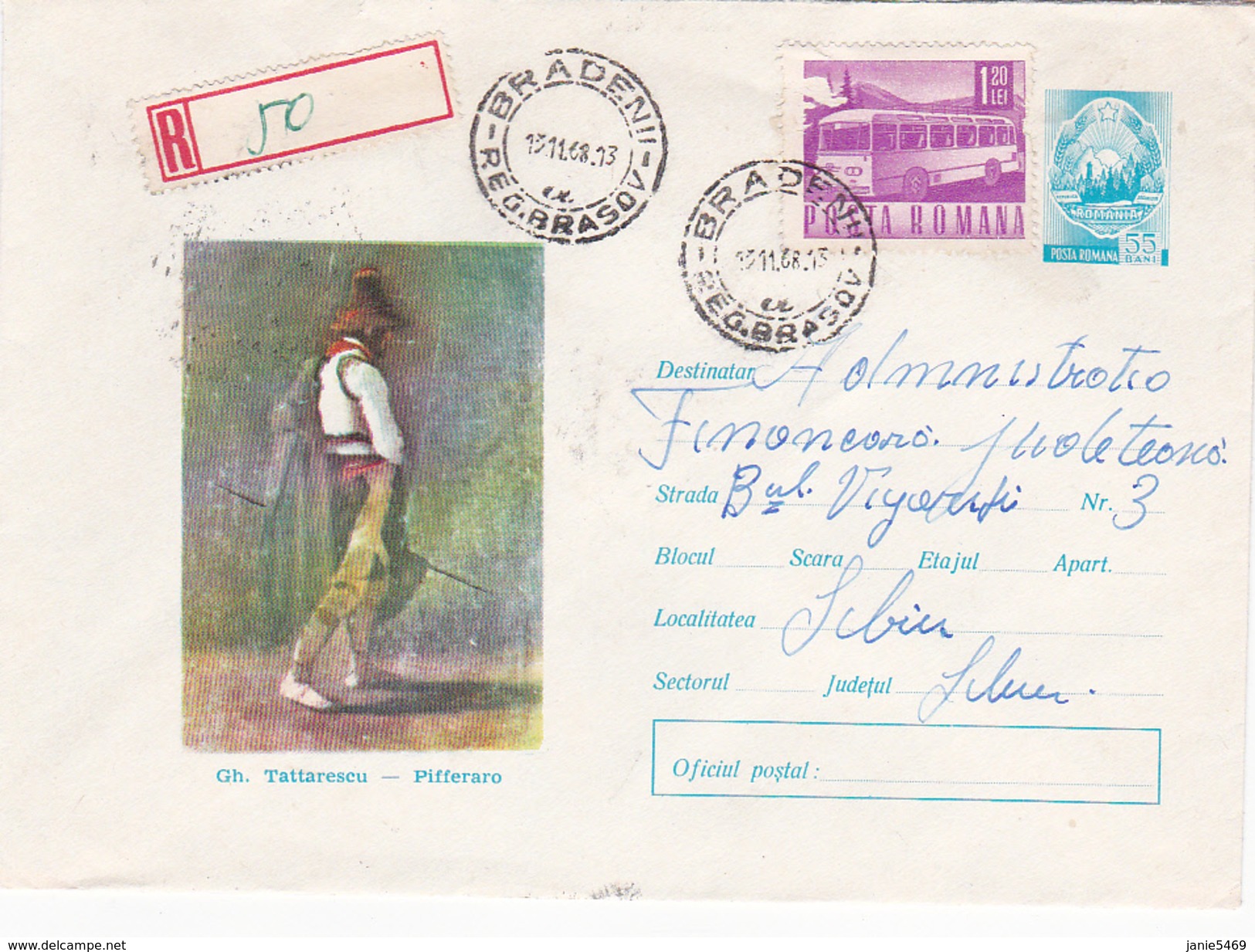 Romania 1968 Registered Cover ,transport, Bus - Covers & Documents