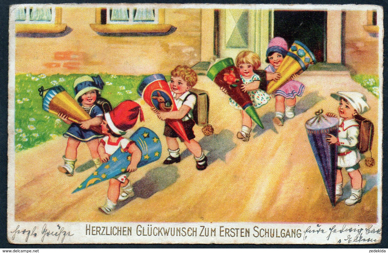 9002 - Alte Glückwunschkarte - Schulanfang Zuckertüte - WSSB 9945 - Gel 1928 - Einschulung