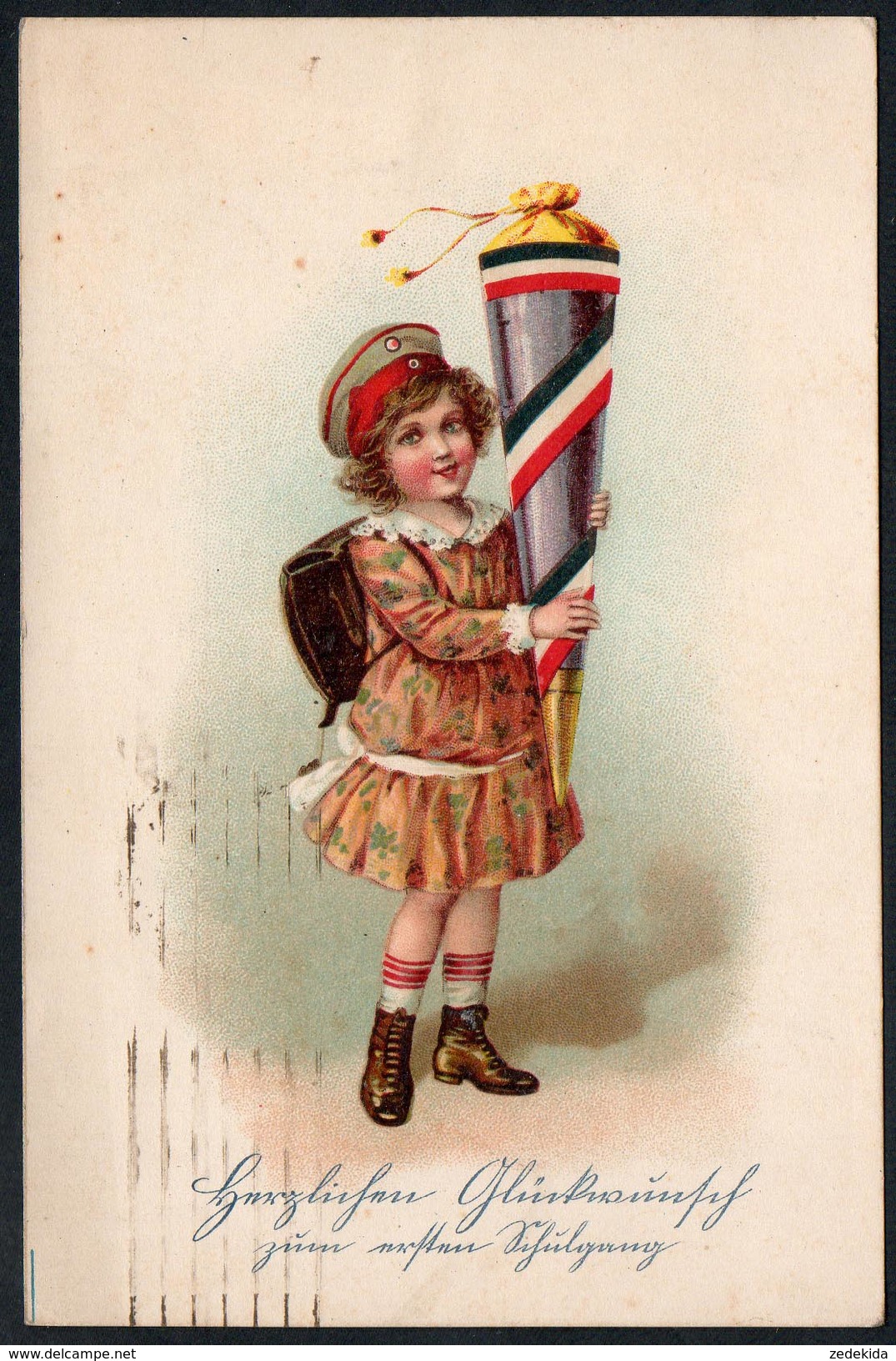 9004 - Alte Litho Glückwunschkarte - Patriotika Schulanfang Zuckertüte - EAS - Gel 1918 - Einschulung