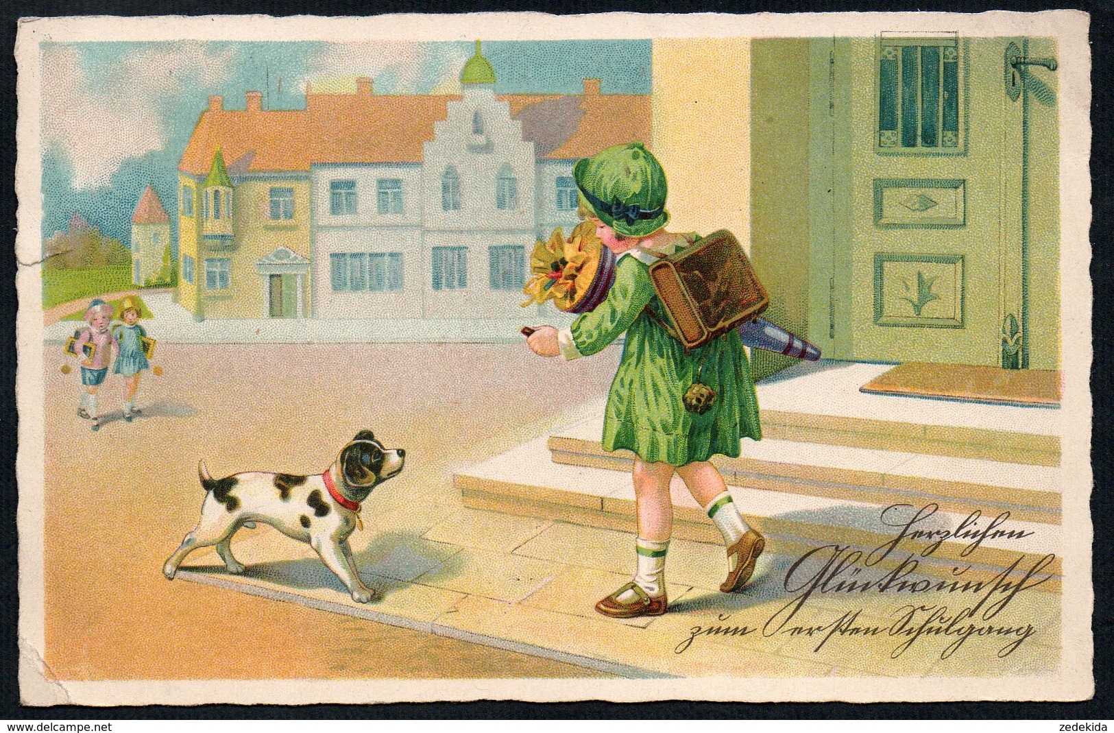 9008 - Alte Litho Glückwunschkarte - Schulanfang Zuckertüte - Gel 1930 - Einschulung